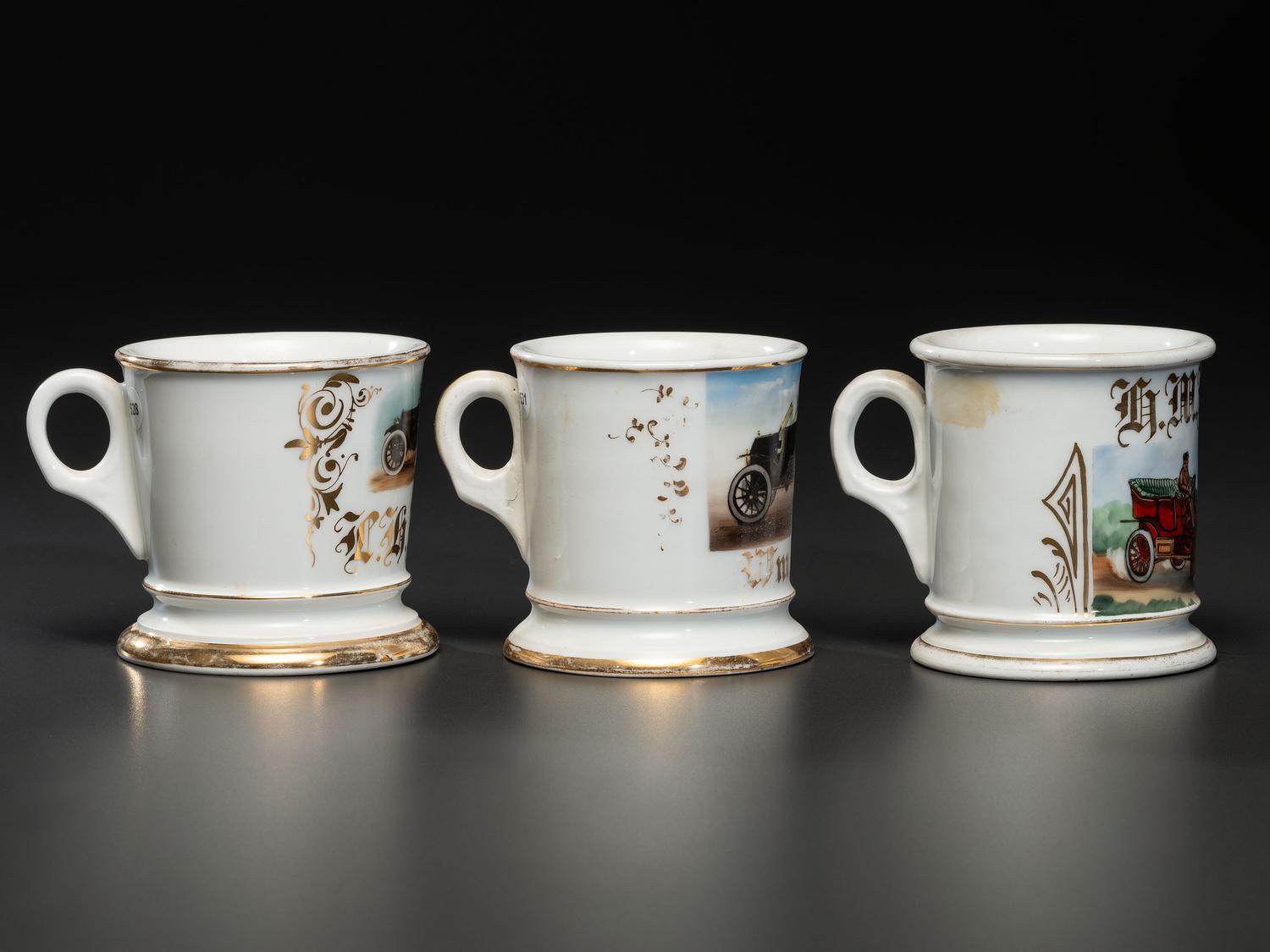 Three Porcelain Shaving Mugs Depicting Open Touring Automobiles
