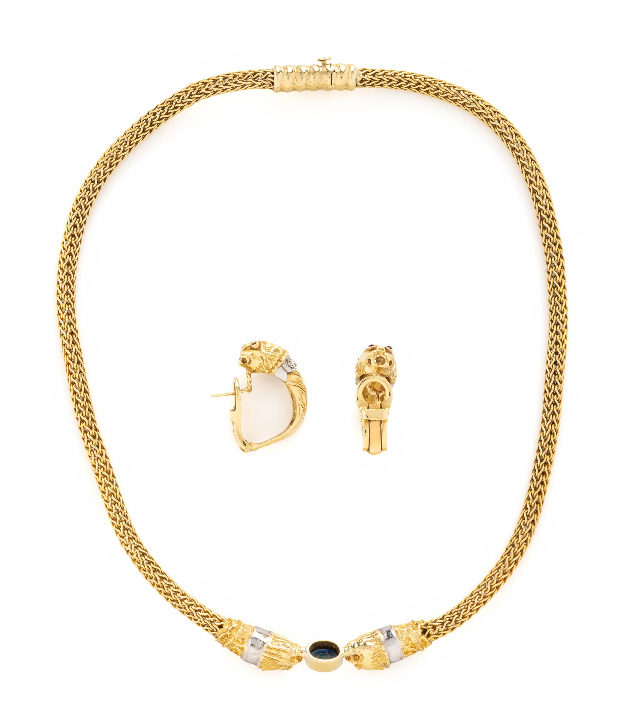 YELLOW GOLD AND MULTIGEM LION NECKLACE AND EARRINGS SET