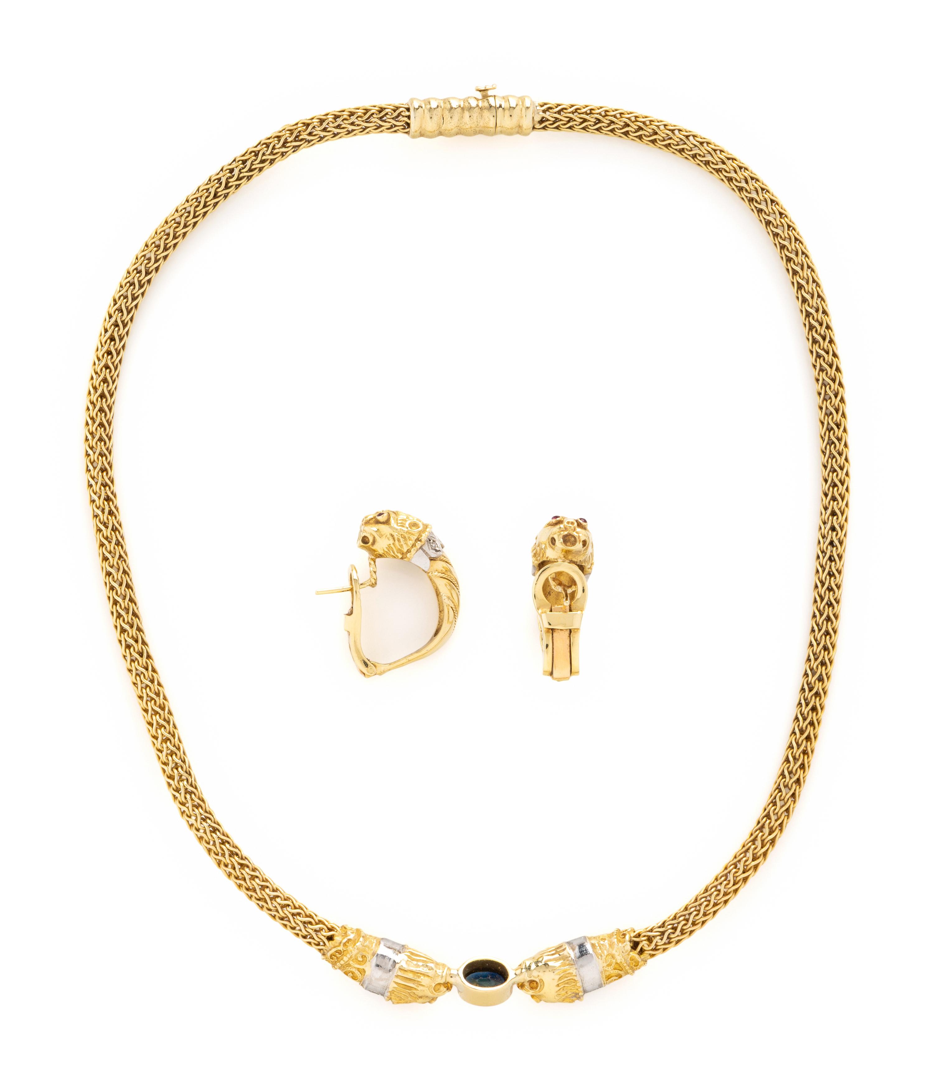 YELLOW GOLD AND MULTIGEM LION NECKLACE AND EARRINGS SET