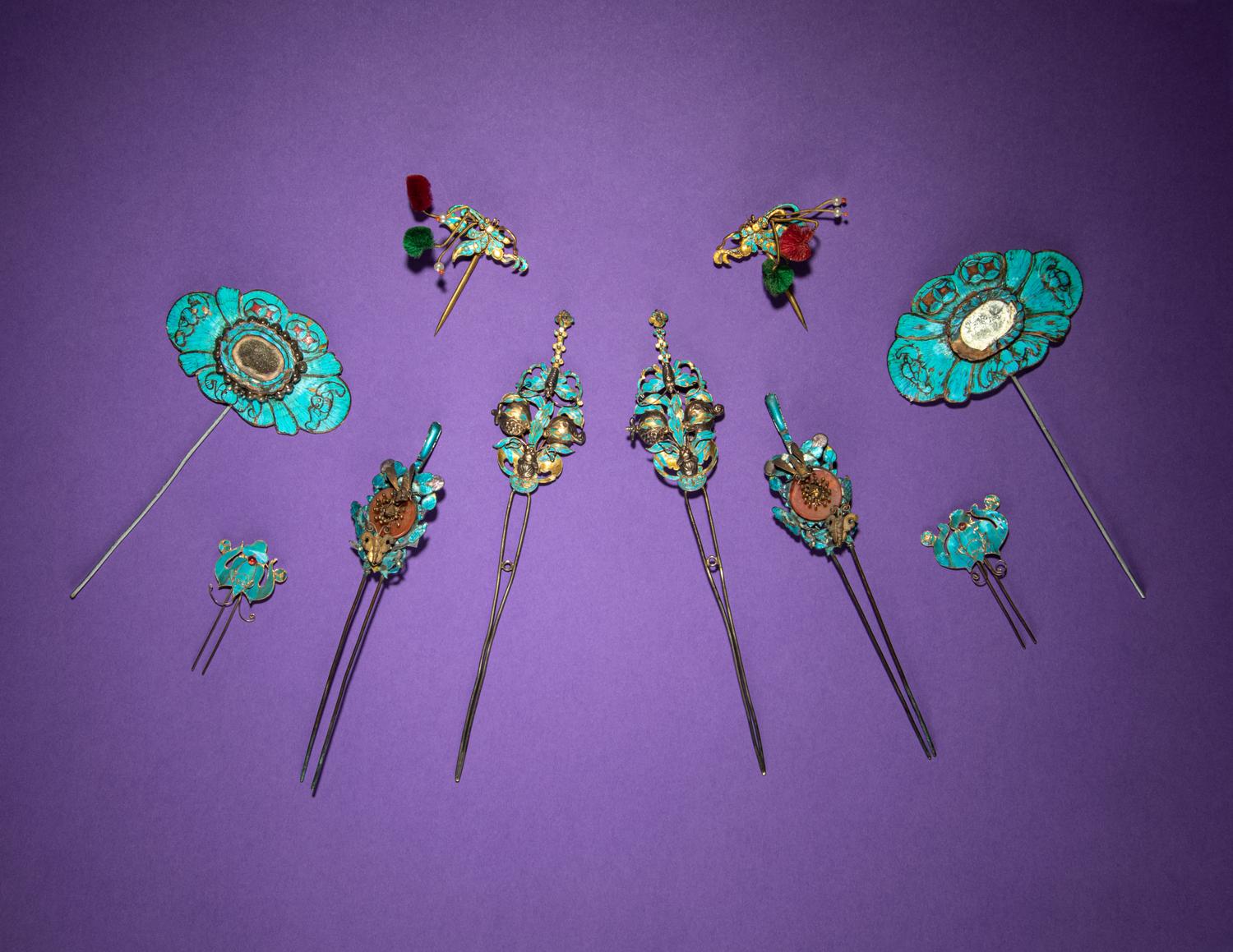 Five Pairs of Kingfisher Feather and Enamel Embellished Hairpins
