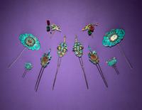 Five Pairs of Kingfisher Feather and Enamel Embellished Hairpins