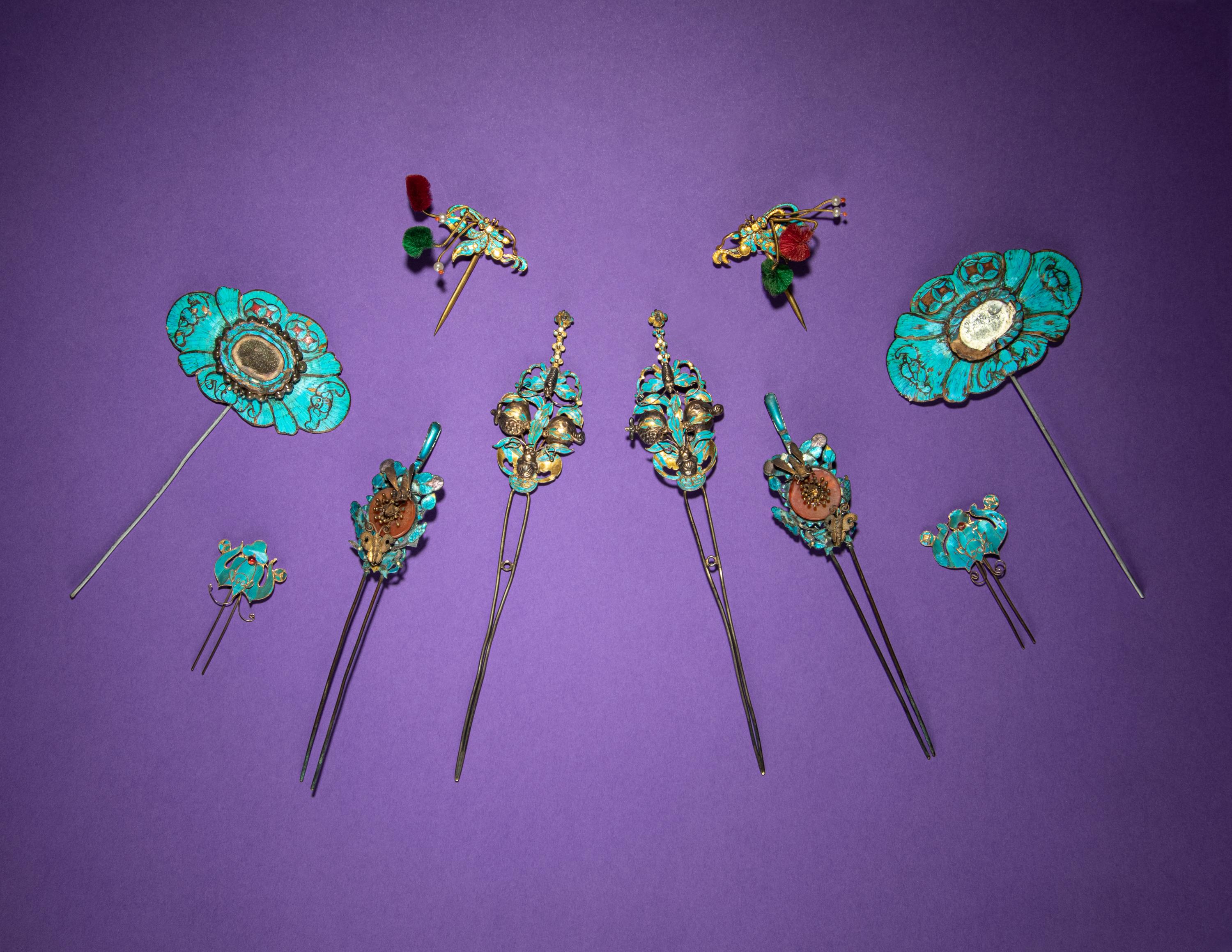 Five Pairs of Kingfisher Feather and Enamel Embellished Hairpins