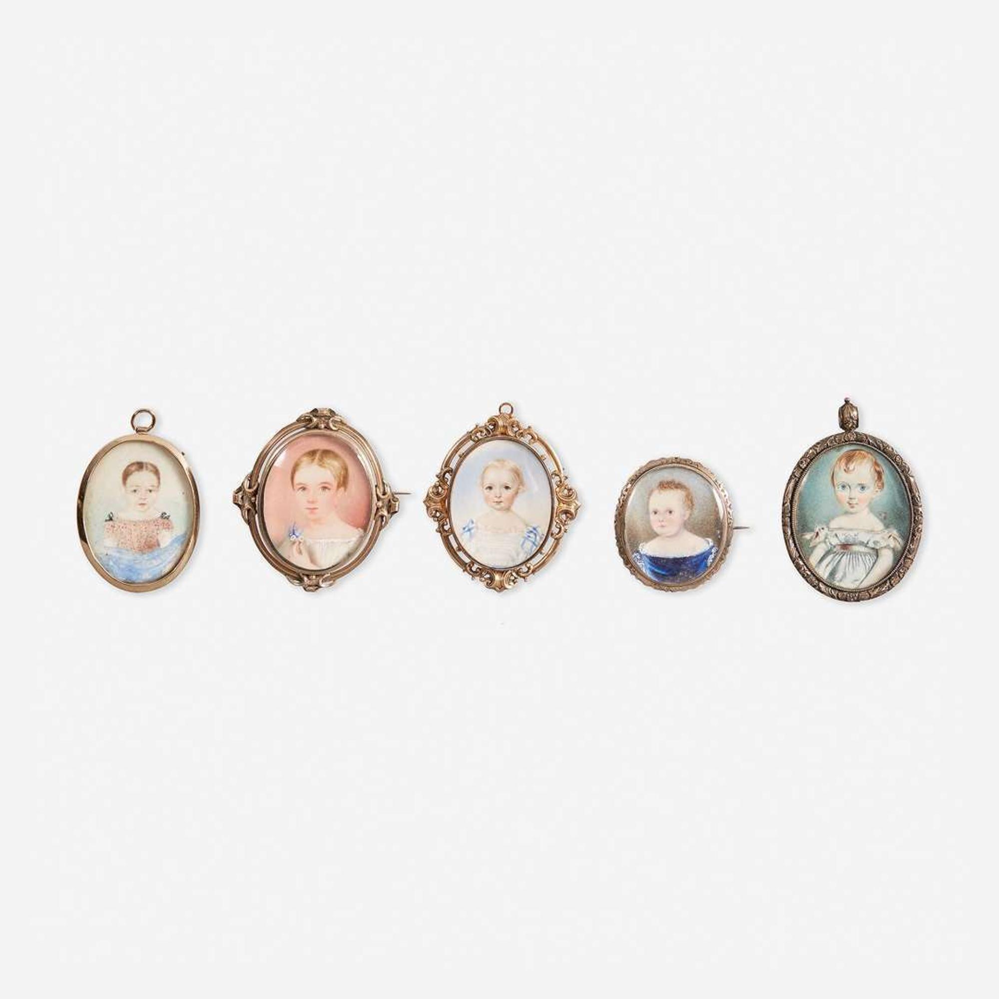 American or English School 19th century Group of Five Portrait Miniatures of Children, early 19th century