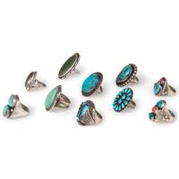 Assortment of Navajo and Zuni Silver Rings with Turquoise, Coral, and Serpentine Inlay