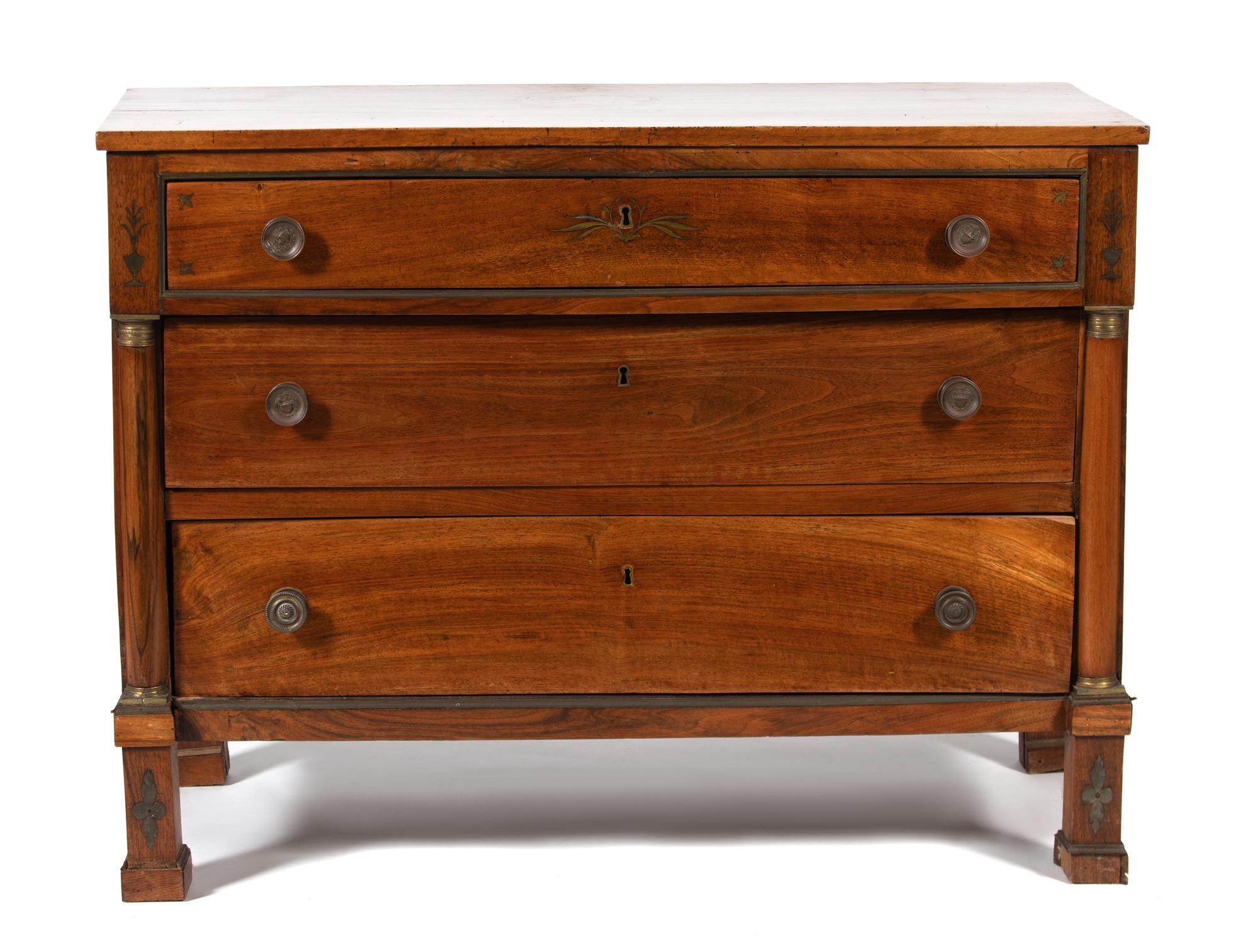 A Pair of French Empire Style Walnut Three Drawer Chests Height 36 x width 48 x depth 21 1/2 inches. — MID 19TH CENTURY