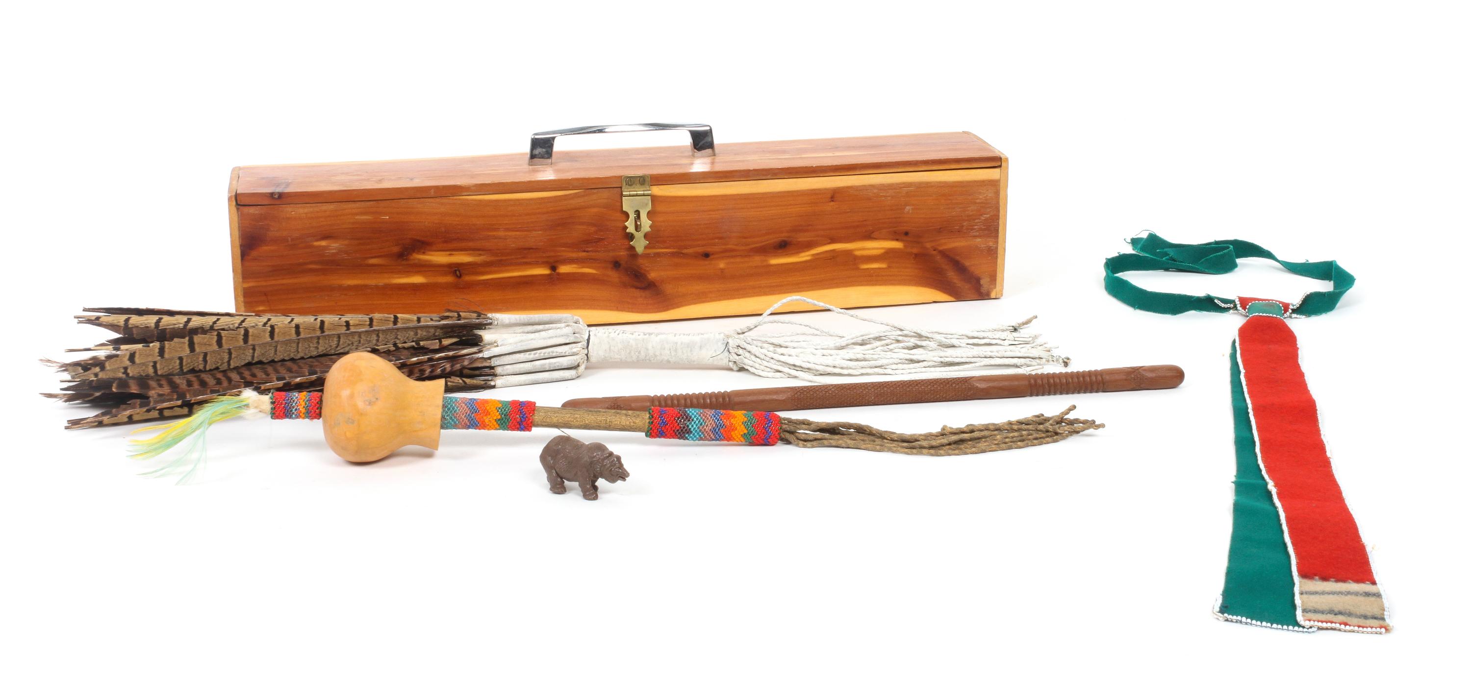 A Kiowa Peyote Box and Contents Length of box 17 3/8 inches.