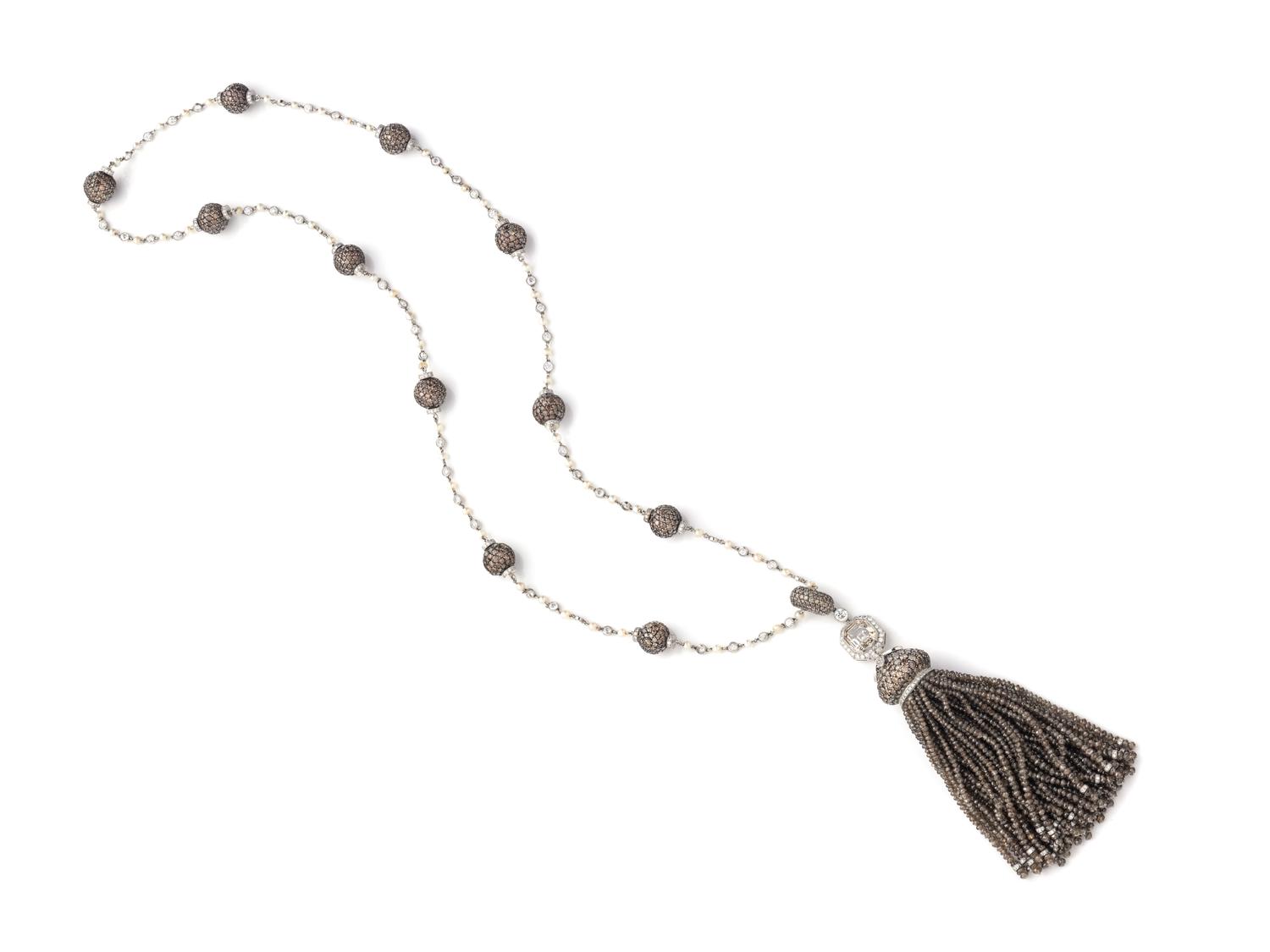 EVELYN CLOTHIER, COLORED DIAMOND, DIAMOND AND CULTURED PEARL TASSEL NECKLACE