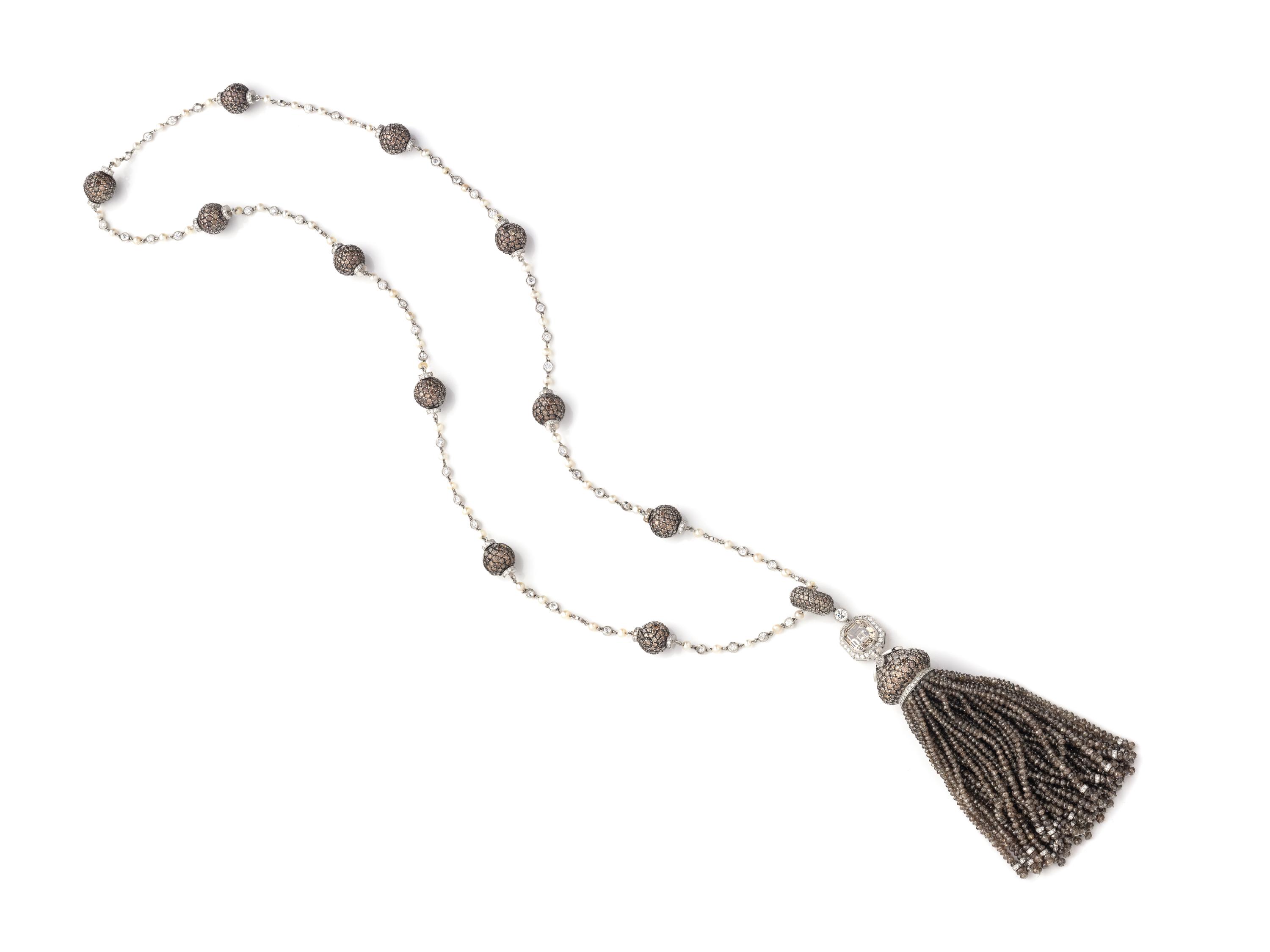 EVELYN CLOTHIER, COLORED DIAMOND, DIAMOND AND CULTURED PEARL TASSEL NECKLACE