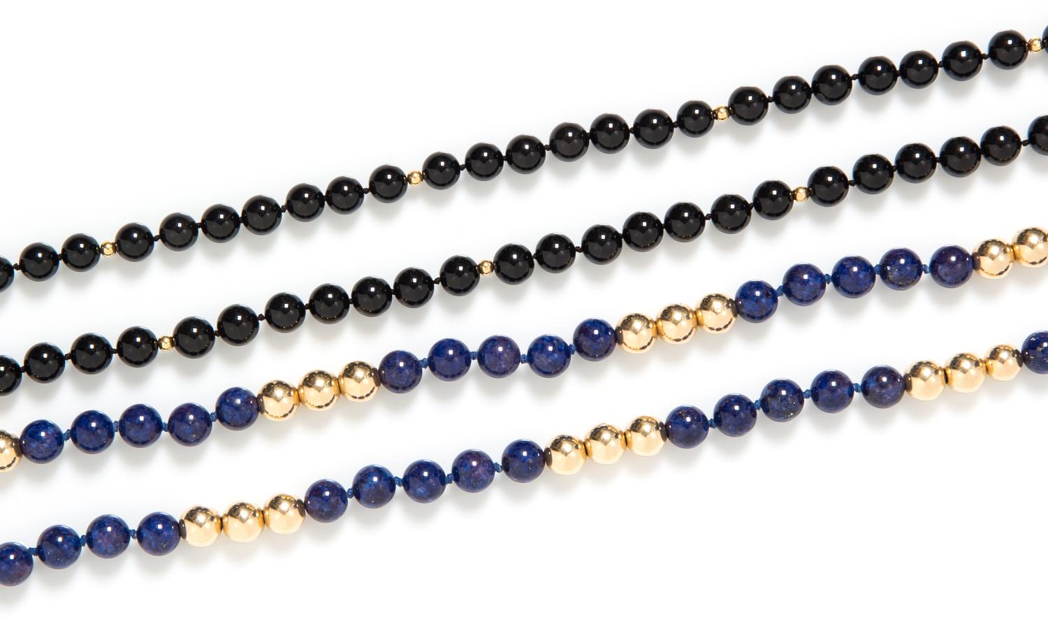 A Collection of Yellow Gold, Lapis Lazuli and Onyx Bead Necklaces,