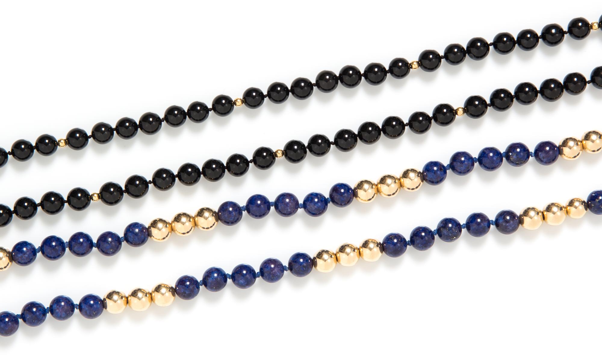 A Collection of Yellow Gold, Lapis Lazuli and Onyx Bead Necklaces,