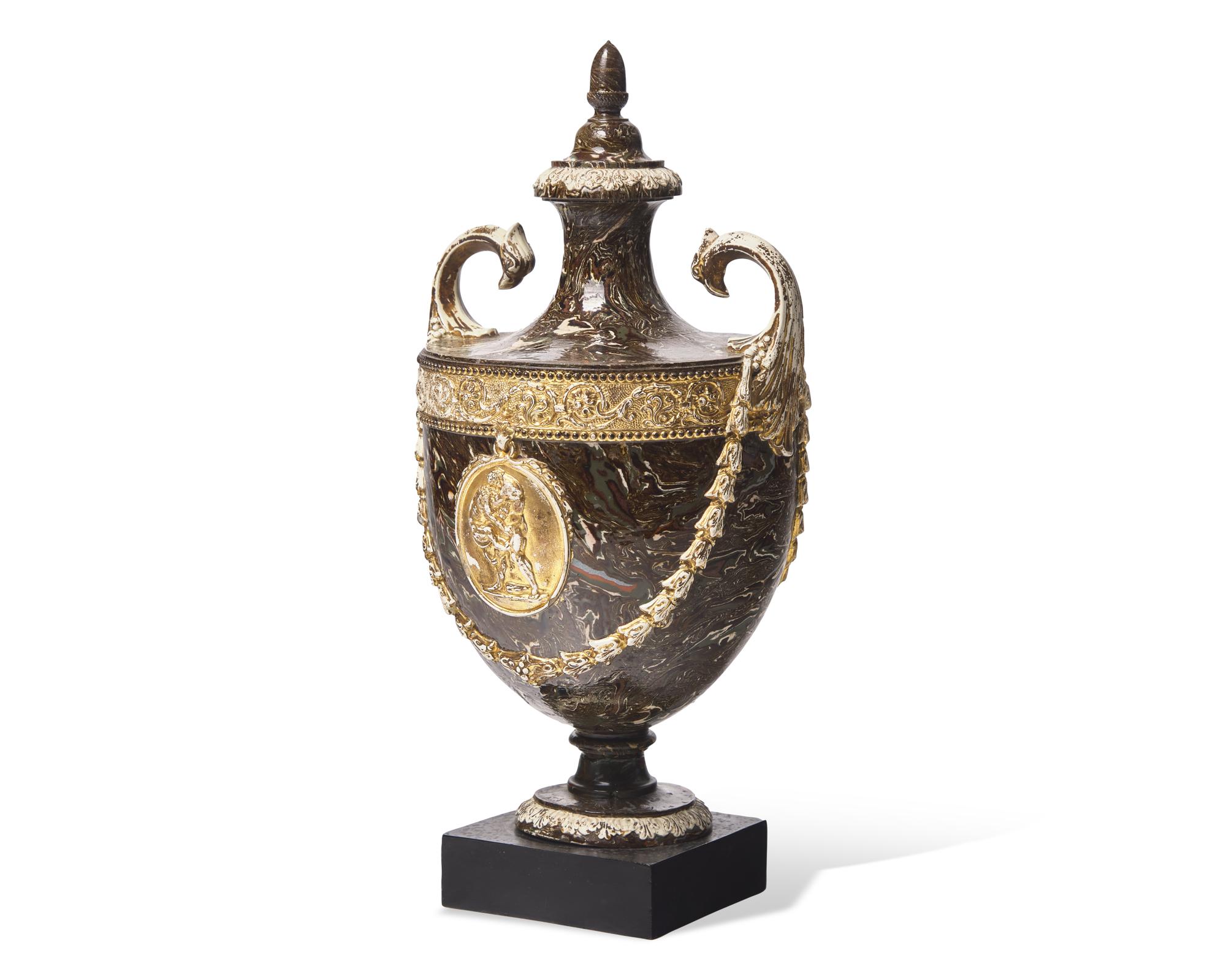 A James Neale Parcel Gilt Agateware Lidded Urn