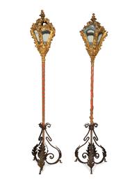 A Pair of Venetian Giltwood and Red-Painted Gondola Lanterns