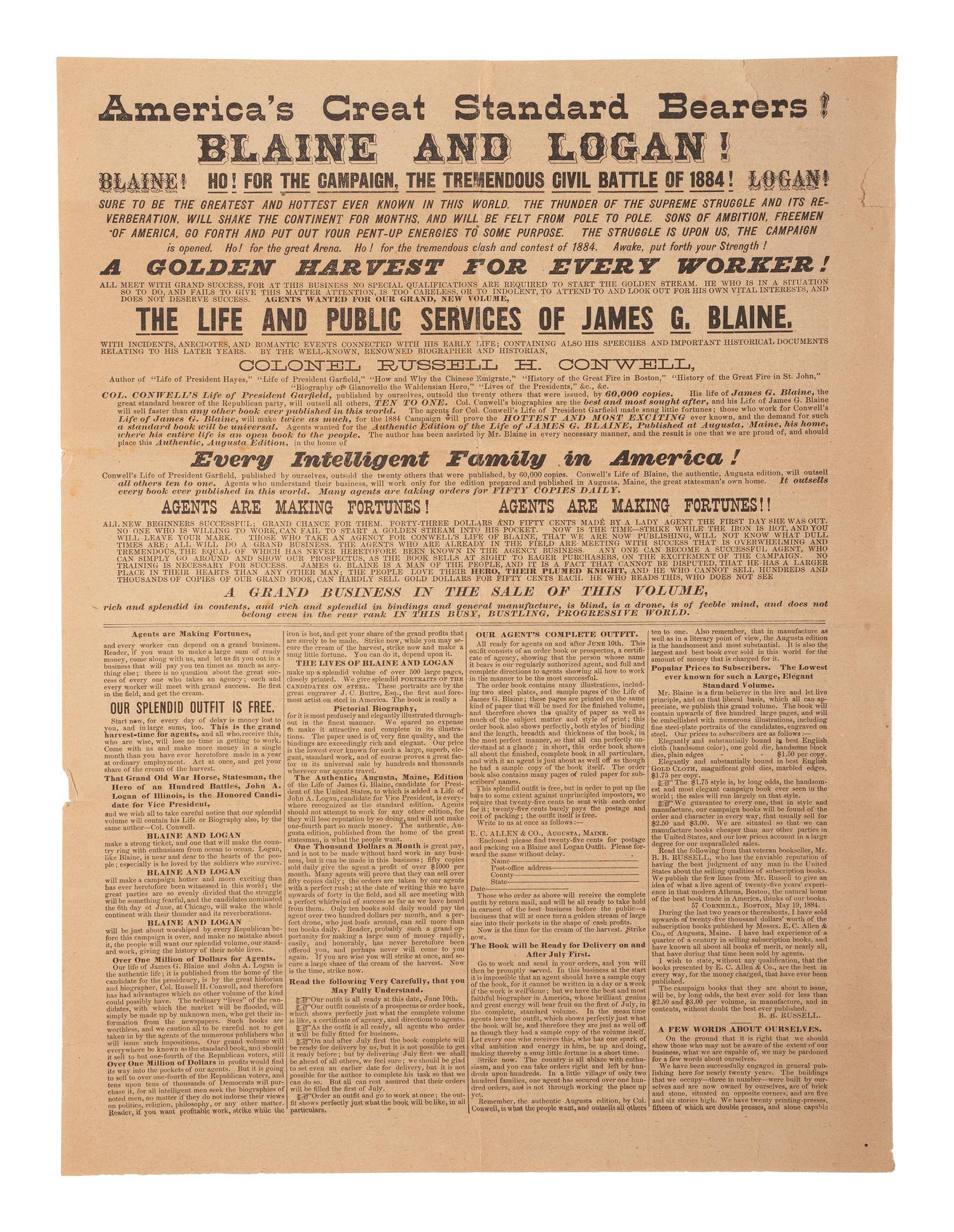 [1884 ELECTION]. -- [BLAINE, James G.]. Broadsides from the 1884 Blaine and Logan campaign including "The Republican Ticket" with jugate portraits.