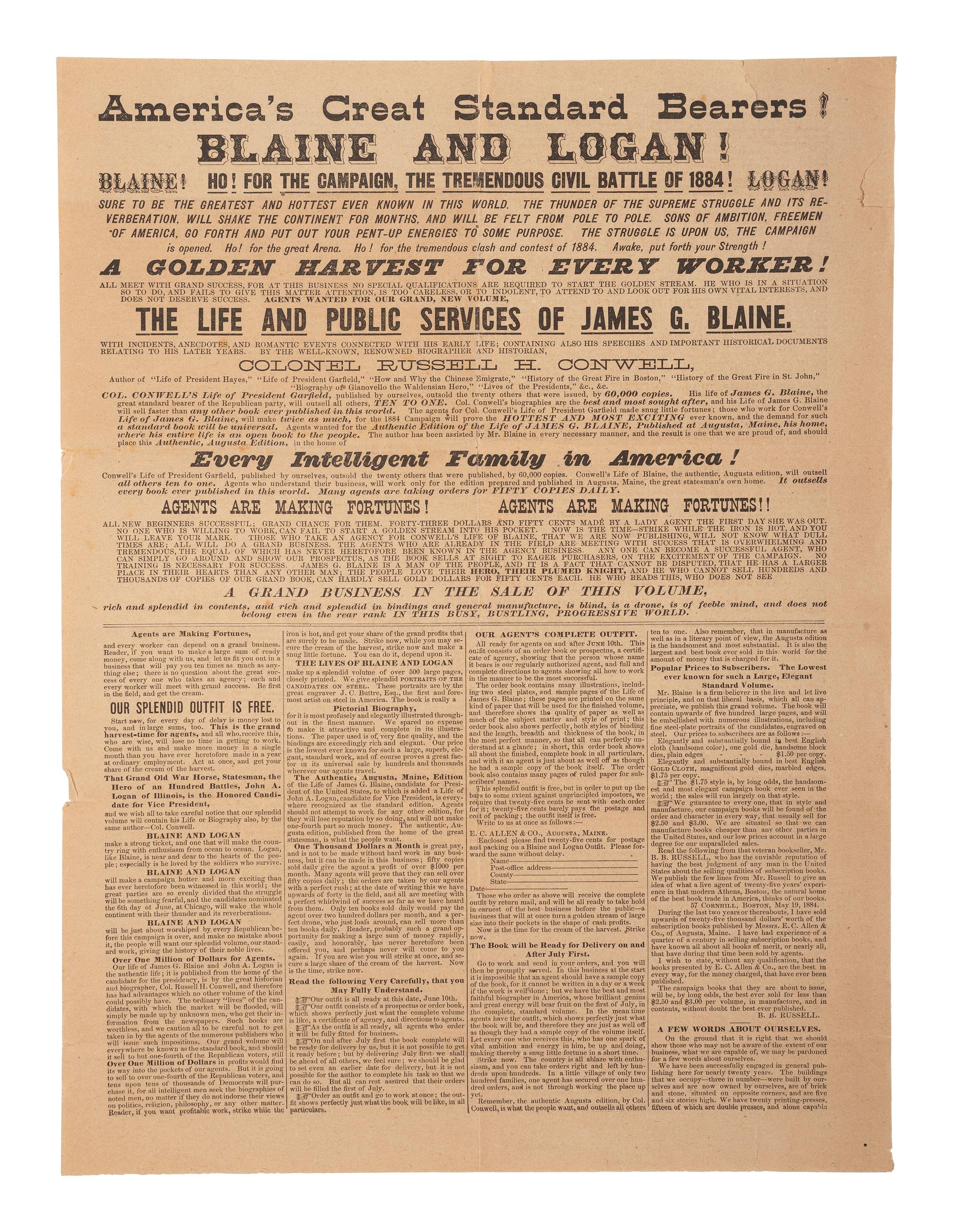 [1884 ELECTION]. -- [BLAINE, James G.]. Broadsides from the 1884 Blaine and Logan campaign including "The Republican Ticket" with jugate portraits.