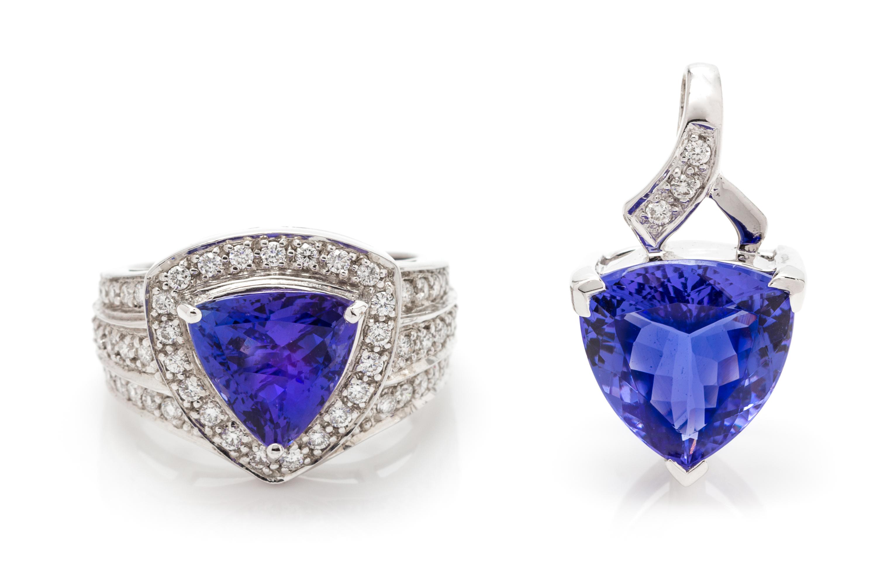 A Collection of 18 Karat White Gold, Tanzanite and Diamond Jewelry, 11.60 dwts.