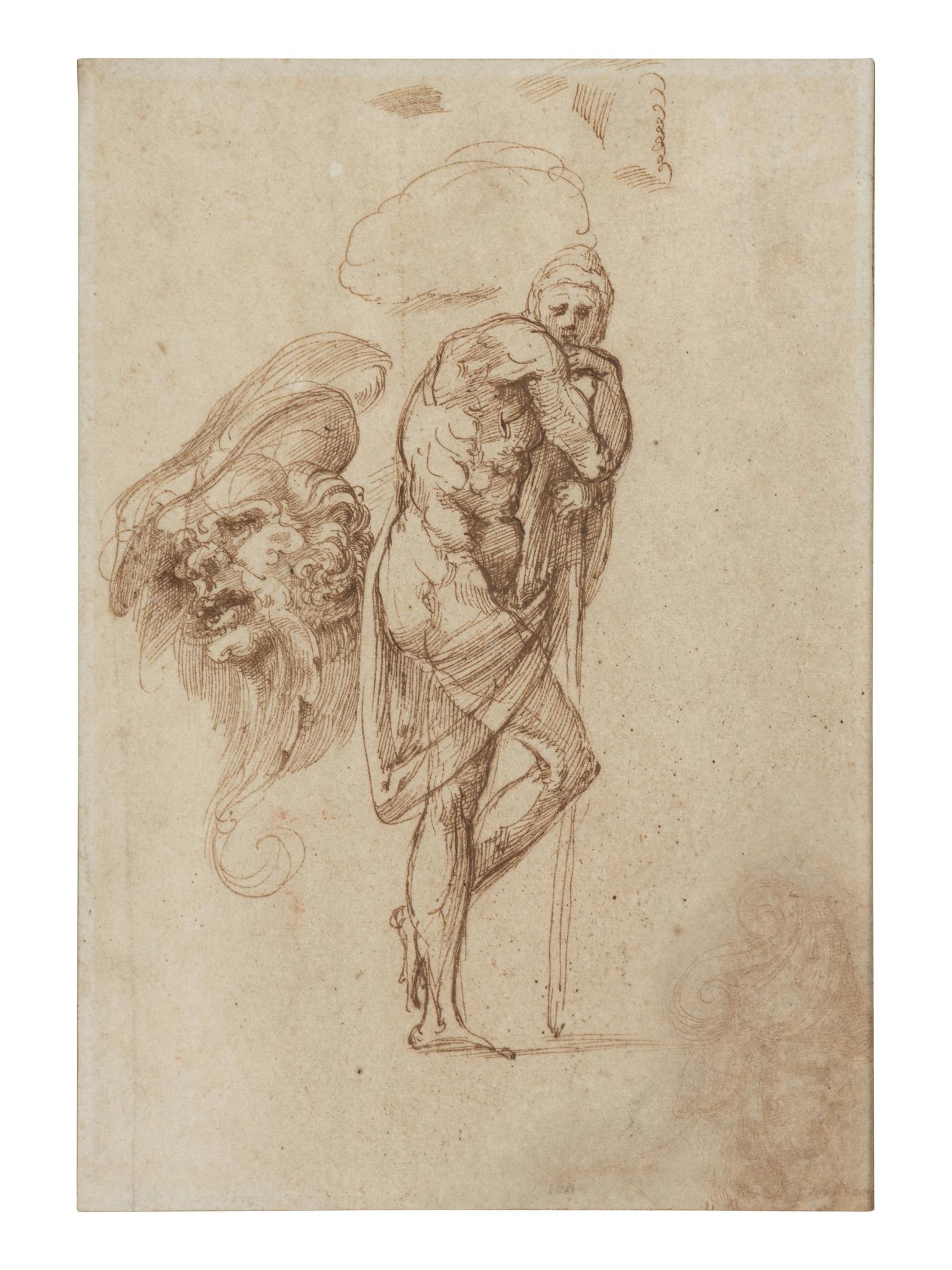 Studies of a Man Leaning on a Staff and of a Grotesque Head
