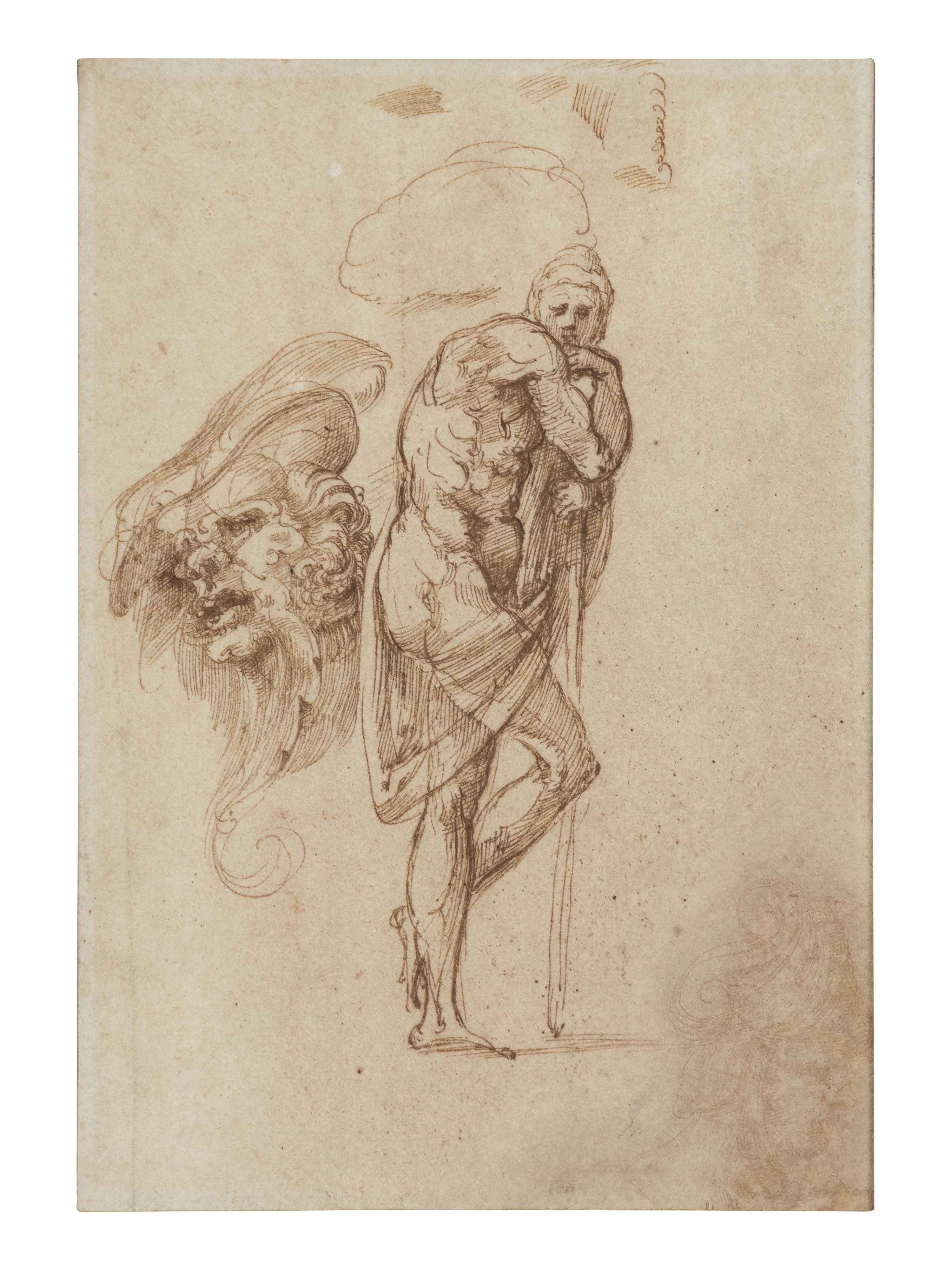 Studies of a Man Leaning on a Staff and of a Grotesque Head