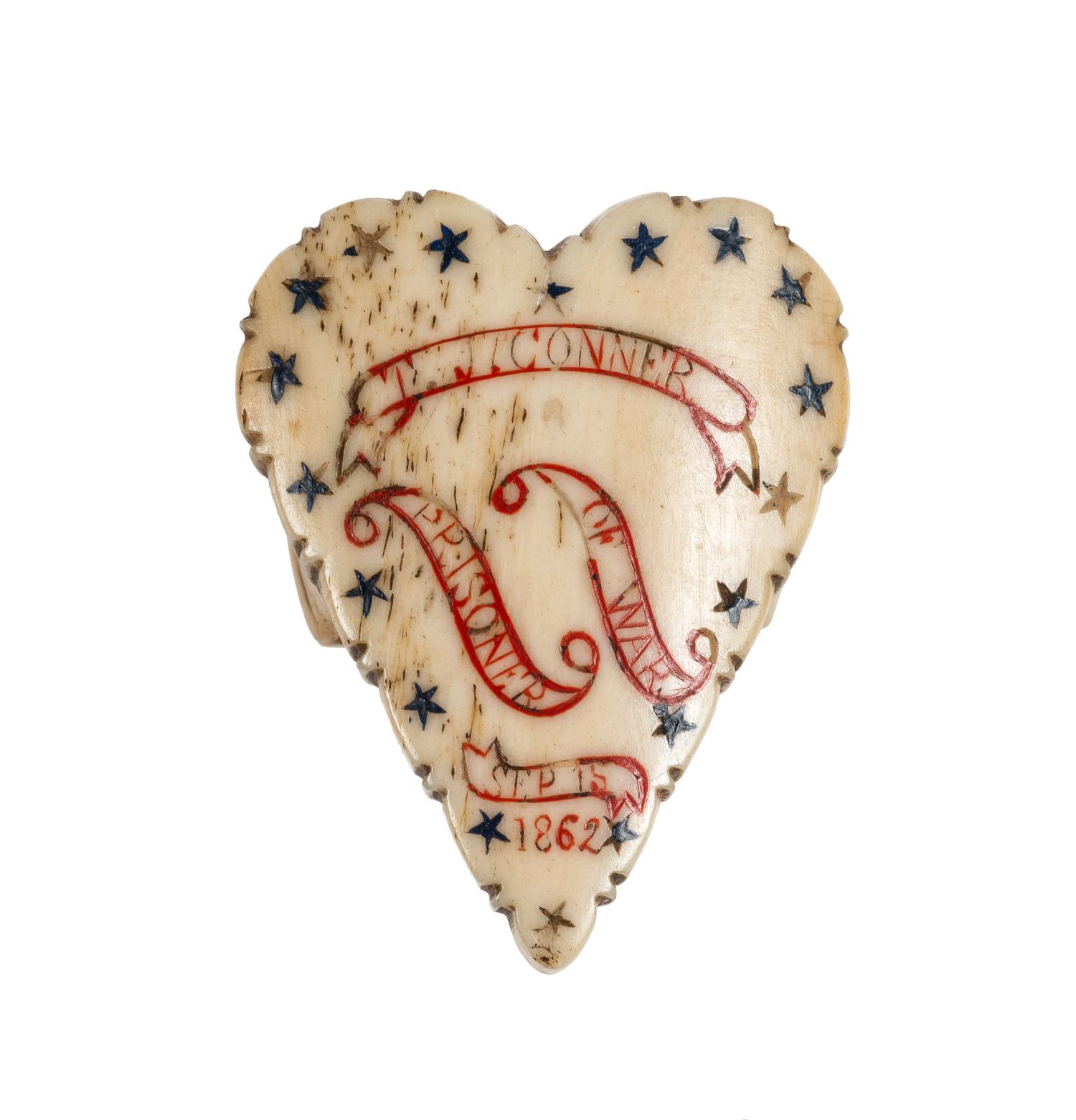 Private Thomas Conner, Company B, 32nd Ohio Volunteer Infantry, WIA Harpers Ferry, and captured at Maryland Heights. Folk art bone kerchief slide made while a prisoner of war.