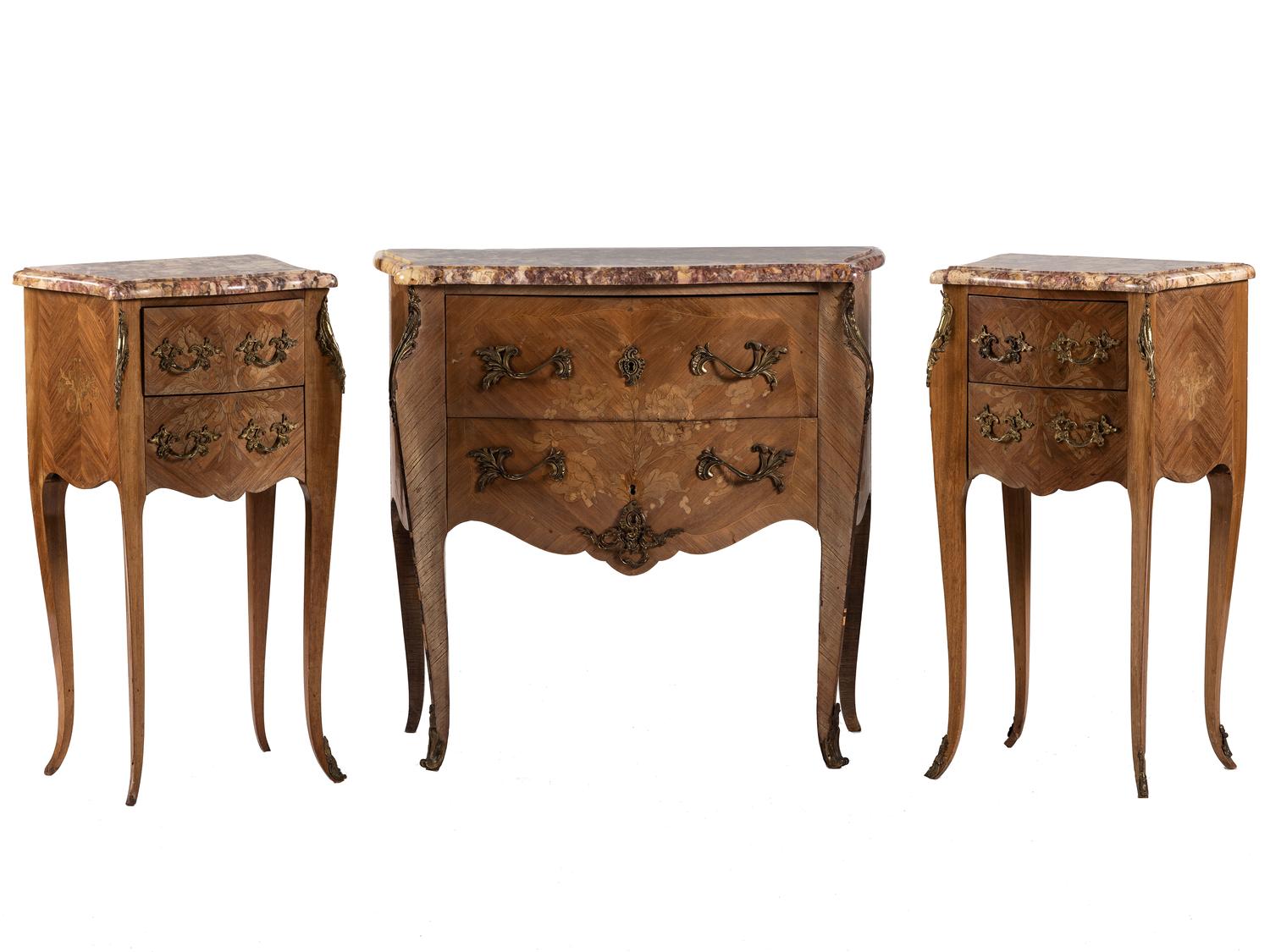 A Louis XV Style Gilt Metal and Marble Mounted Commode and Pair of Side Tables