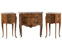 A Louis XV Style Gilt Metal and Marble Mounted Commode and Pair of Side Tables