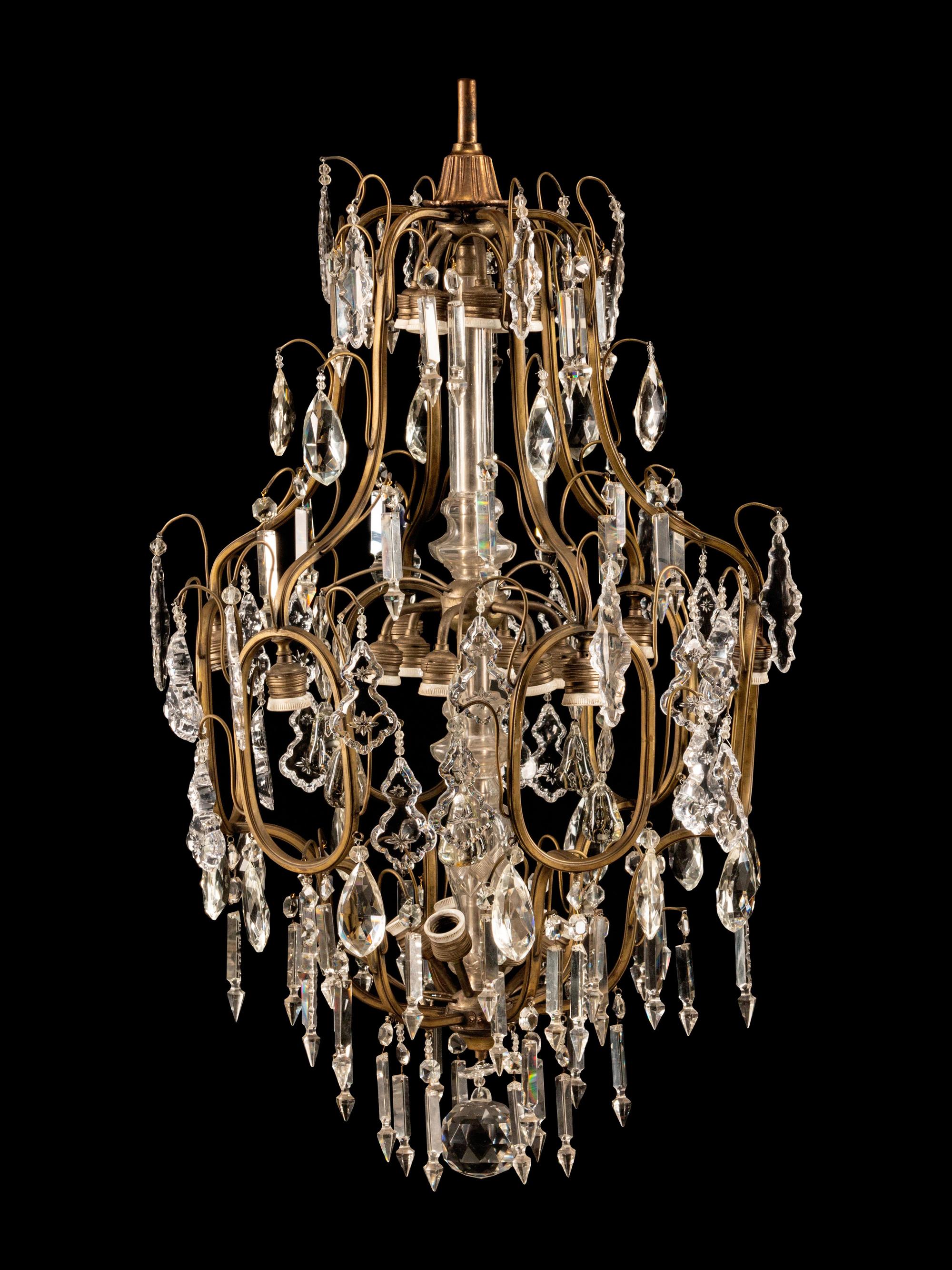 A Neoclassical Gilt Metal and Cut-Glass Cage Form Twelve-Light Chandelier