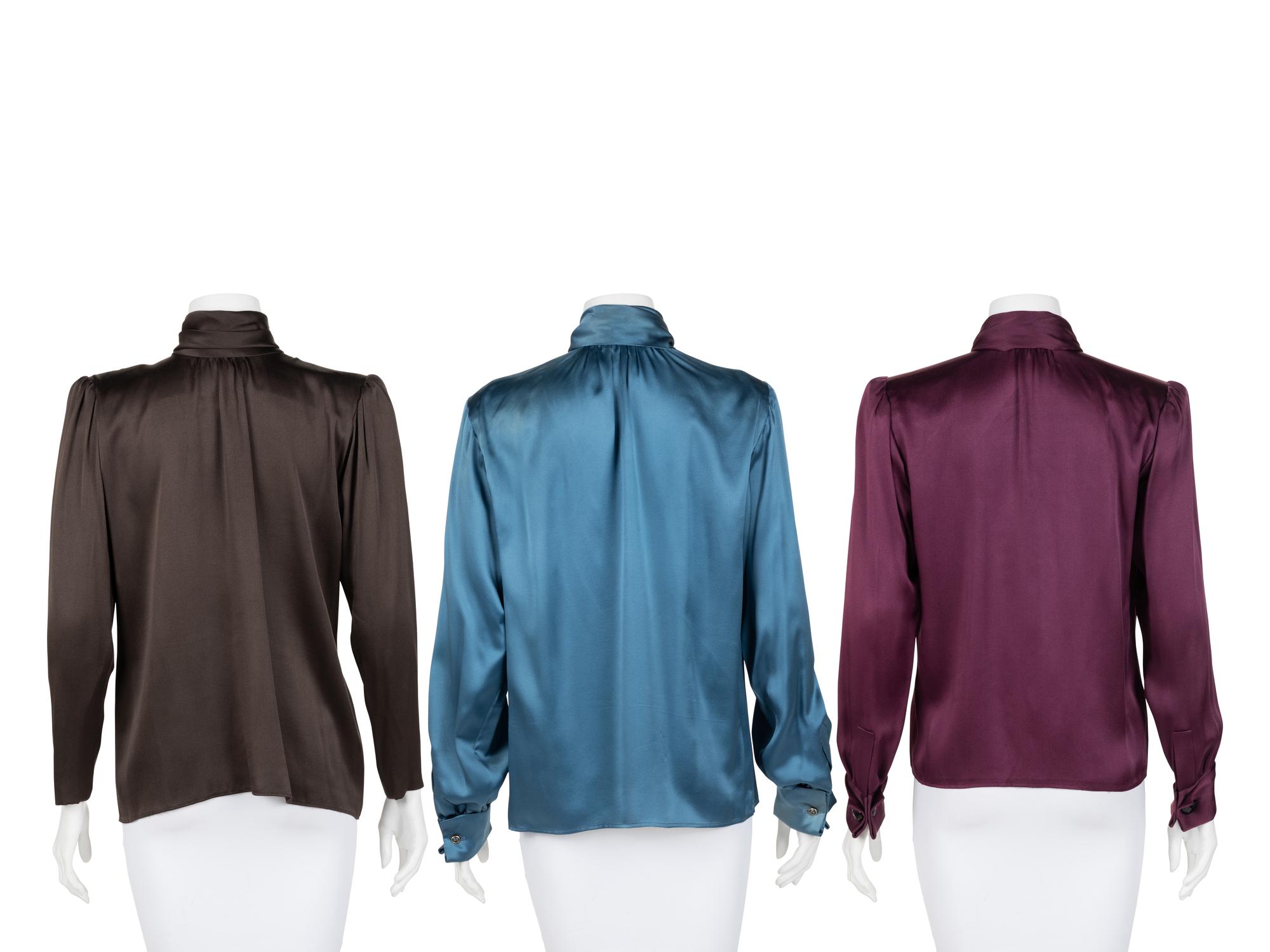 Three Yves Saint Laurent Haute Couture Silk Satin Blouses, 1979-81