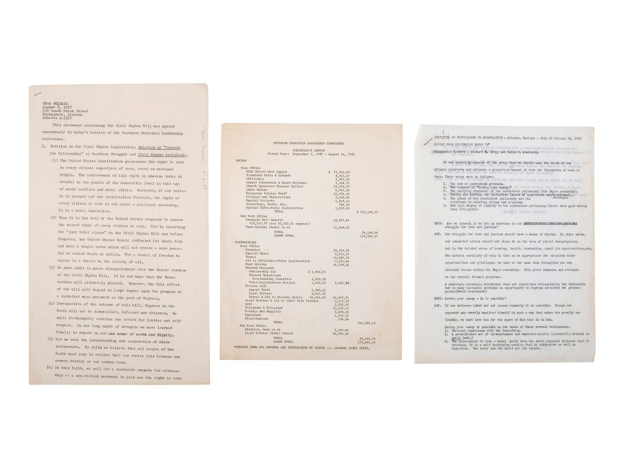 [CIVIL RIGHTS]. Archive associated with the Southern Christian Leadership Conference, incl. documents and publication, 1957-1967.