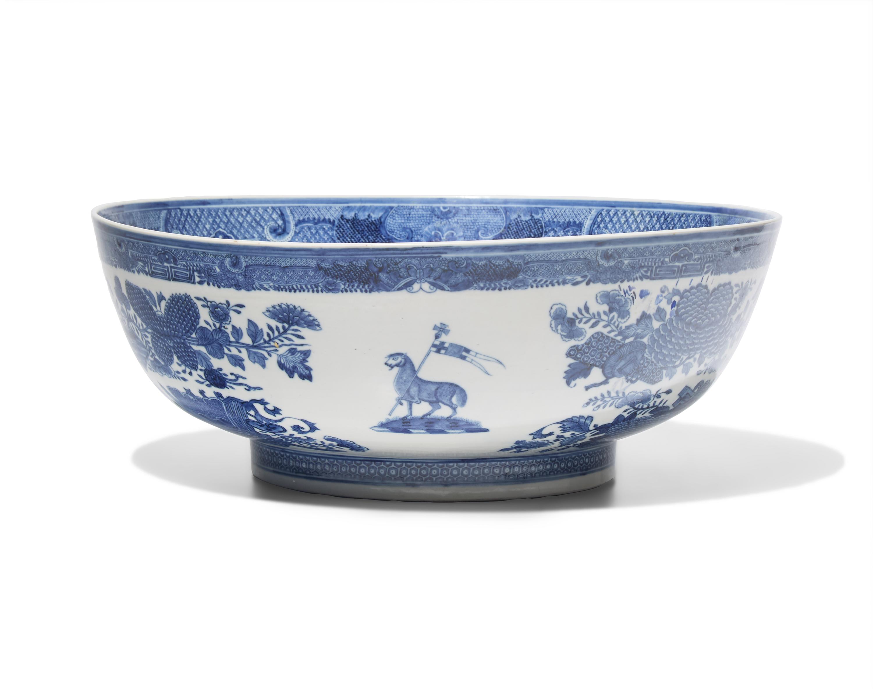 A Large Chinese Export Porcelain Blue Fitzhugh Armorial Punch Bowl Bearing the Roberts Crest