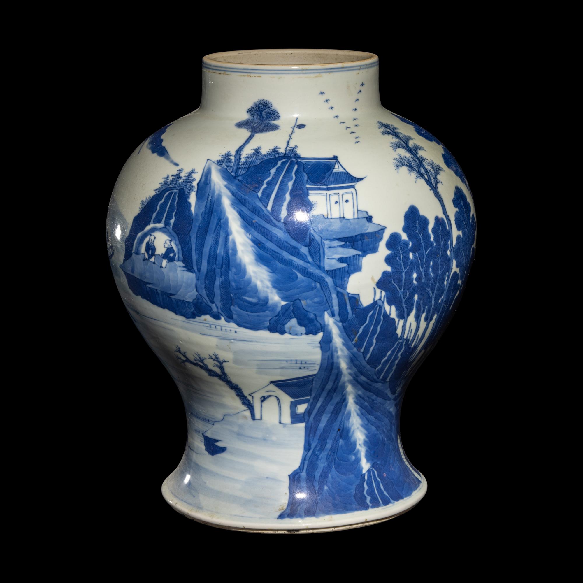 A Chinese Blue and White 'Landscape' Porcelain General Jar, 18th/19th Century 清中期 青花山水圖將軍罐