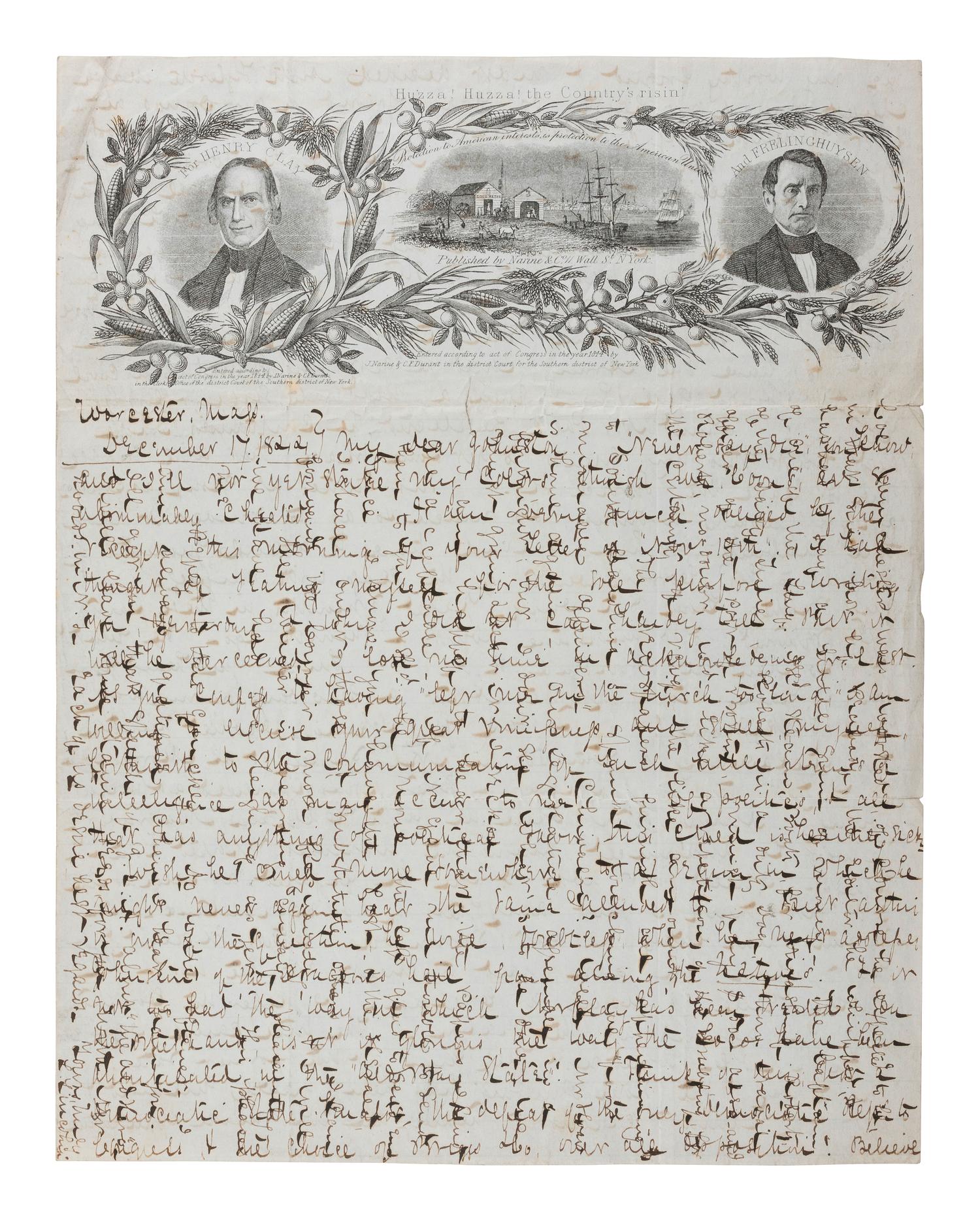 [HENRY CLAY - POLITICS]. Huzza! Huzza! The Country's risin' .... Illustrated lettersheet, 1844.