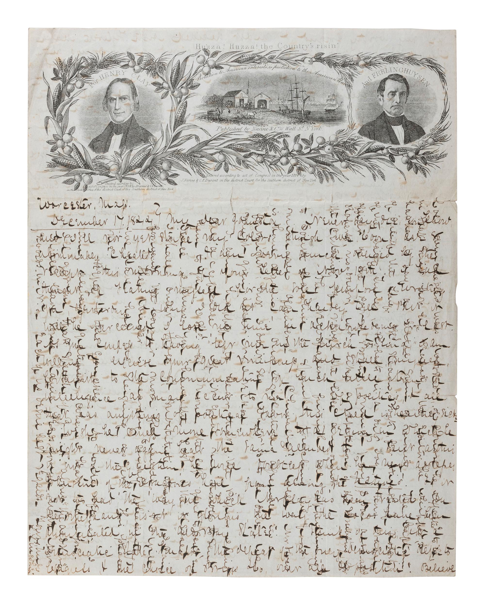 [HENRY CLAY - POLITICS]. Huzza! Huzza! The Country's risin' .... Illustrated lettersheet, 1844.