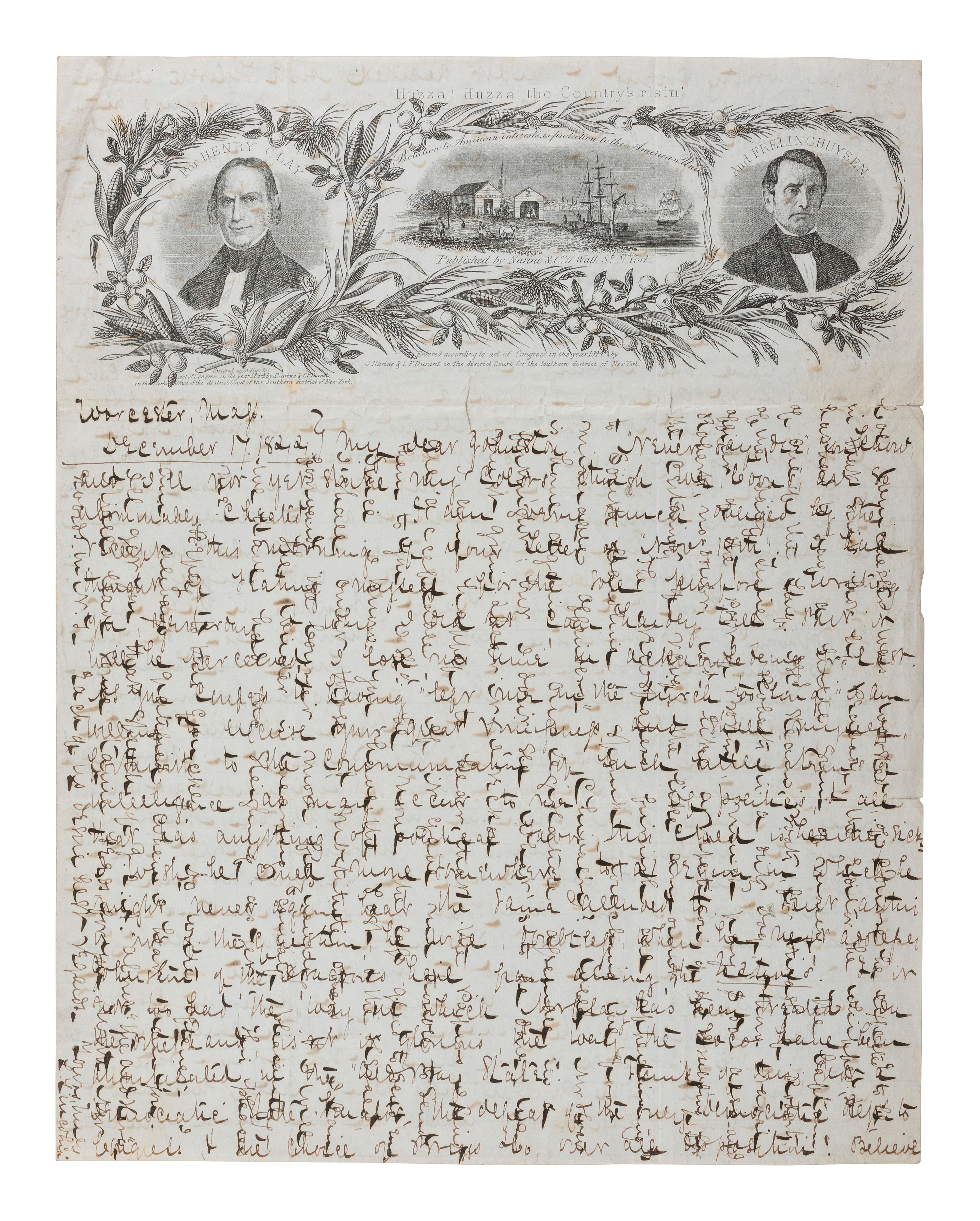 [HENRY CLAY - POLITICS]. Huzza! Huzza! The Country's risin' .... Illustrated lettersheet, 1844.