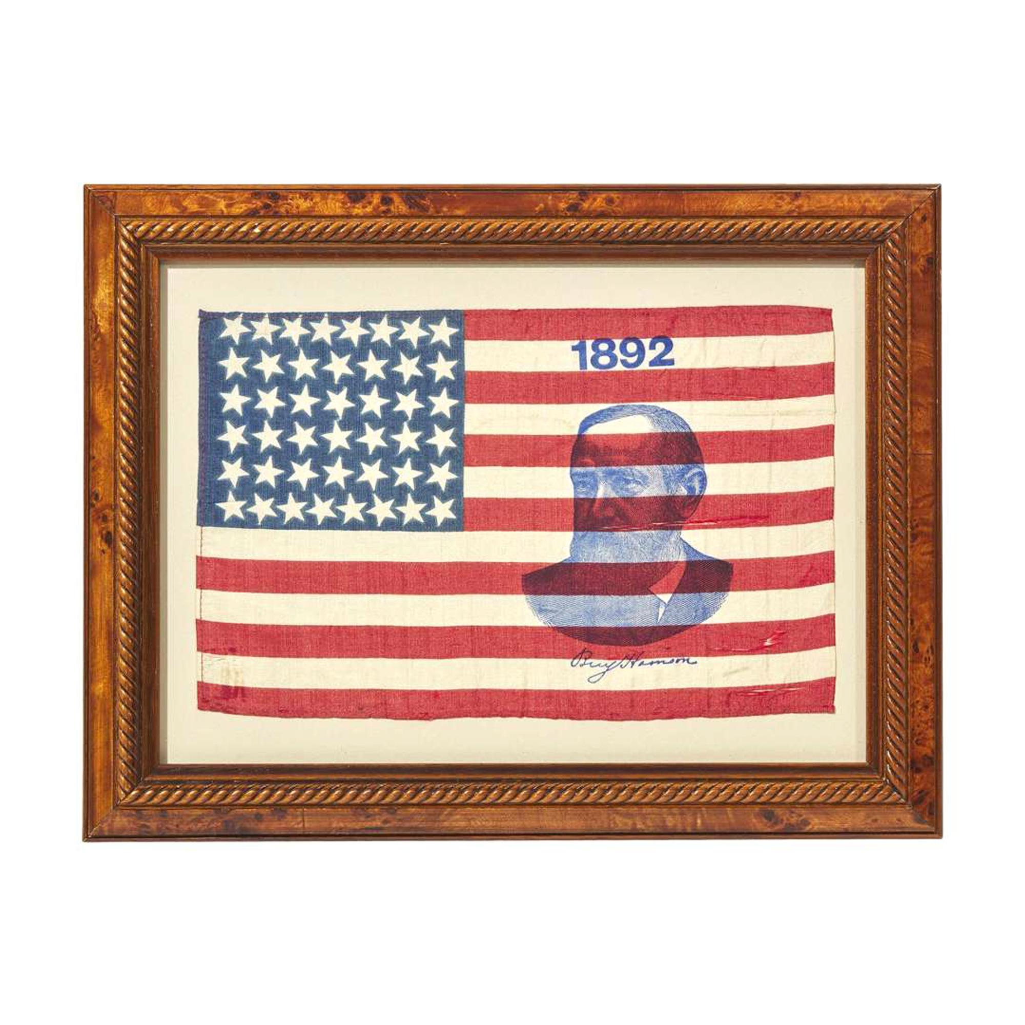 [POLITICS]. Benjamin Harrison presidential campaign uniform and 44-star campaign flag. 1892.