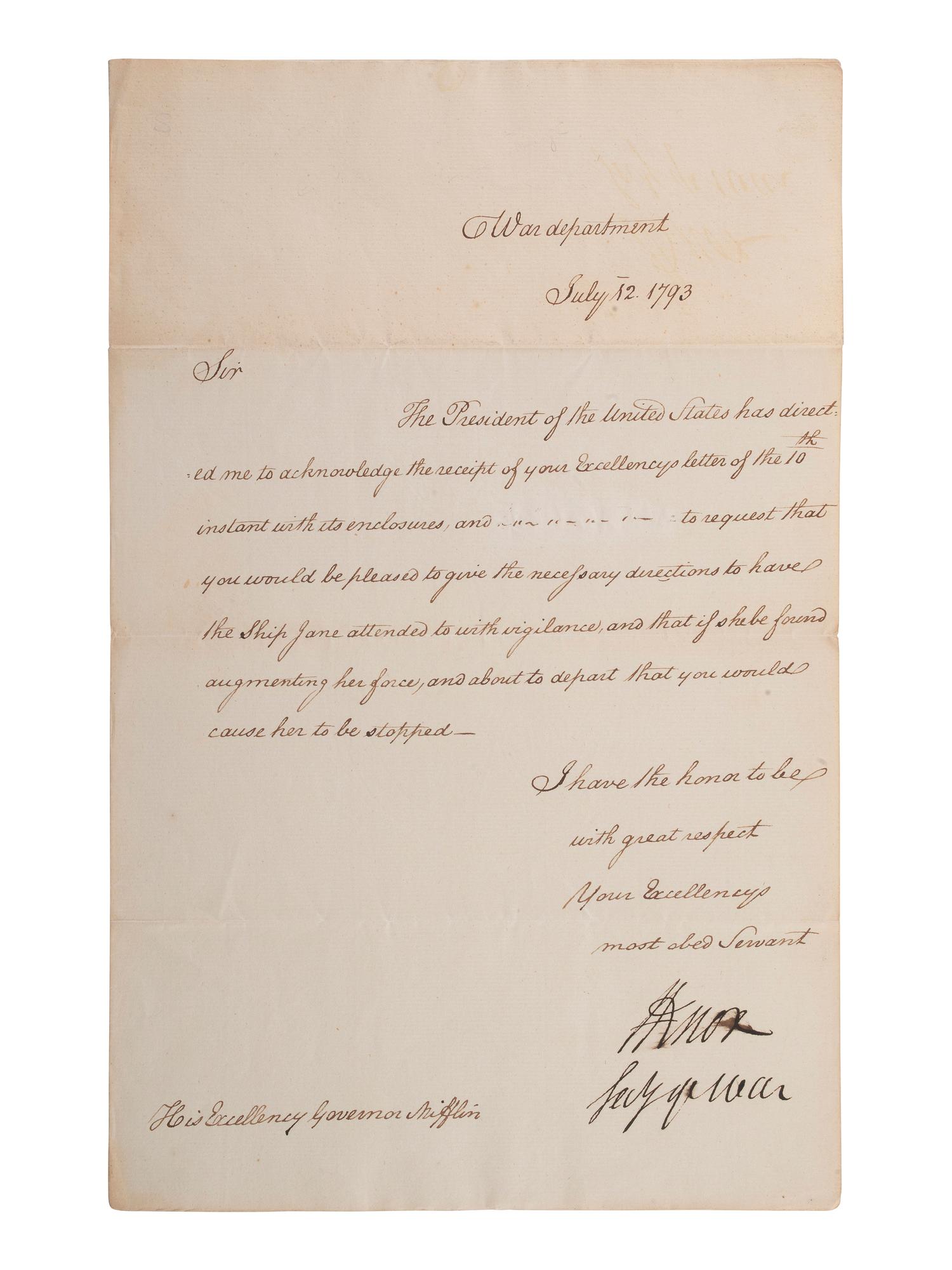 KNOX, Henry (1750-1806). Letter signed ("H Knox") as Secretary of War, to Gov. Thomas Mifflin.