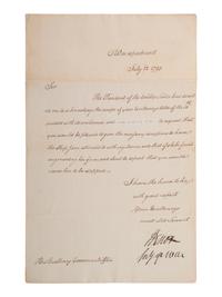 KNOX, Henry (1750-1806). Letter signed ("H Knox") as Secretary of War, to Gov. Thomas Mifflin.