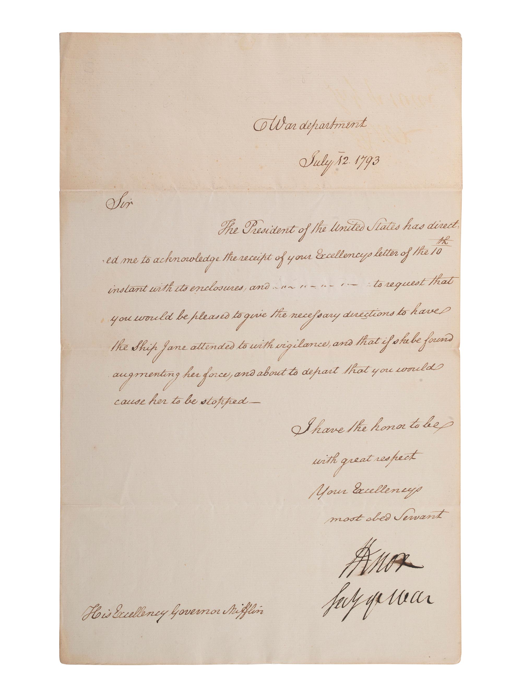 KNOX, Henry (1750-1806). Letter signed ("H Knox") as Secretary of War, to Gov. Thomas Mifflin.