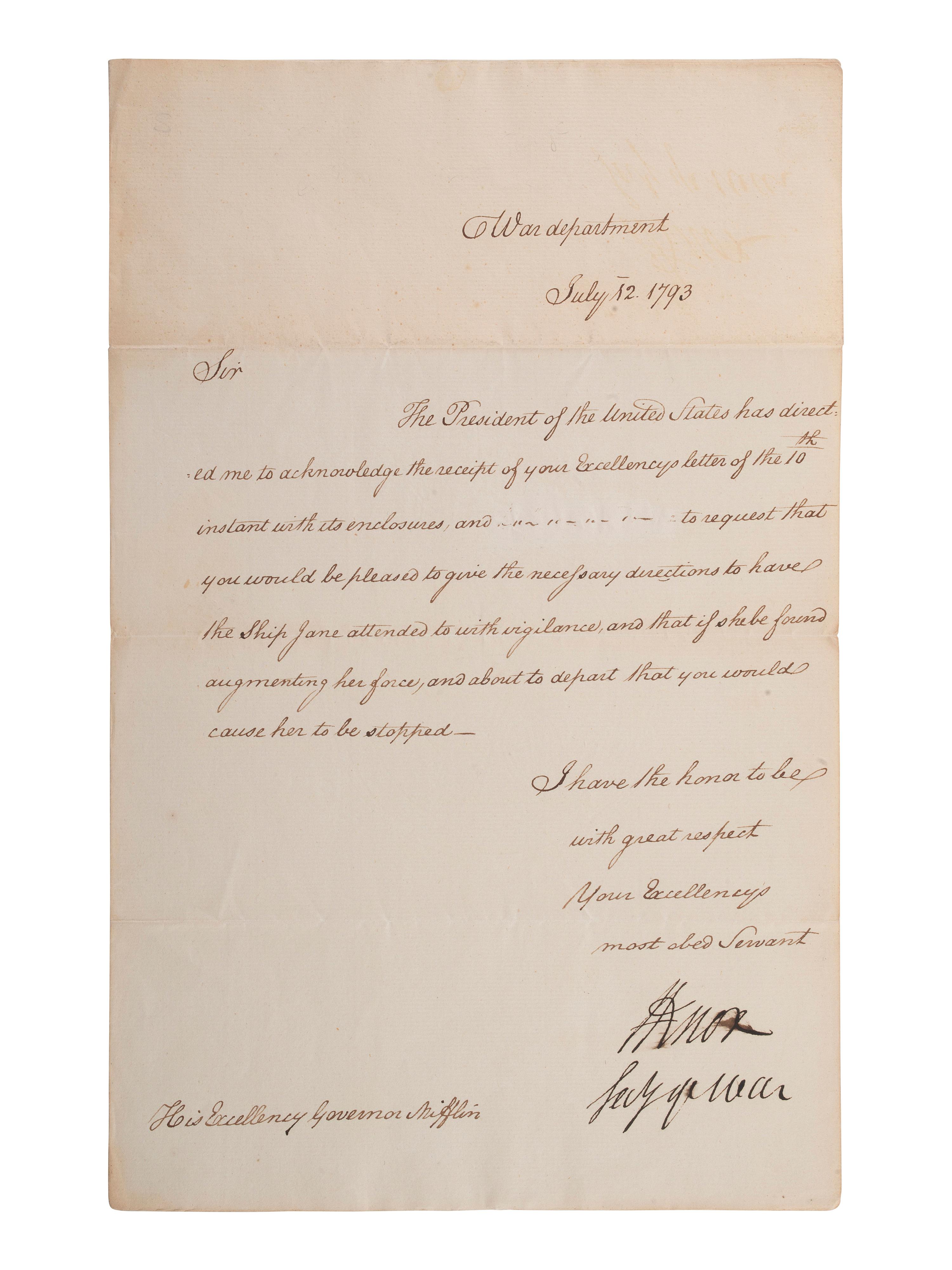 KNOX, Henry (1750-1806). Letter signed ("H Knox") as Secretary of War, to Gov. Thomas Mifflin.
