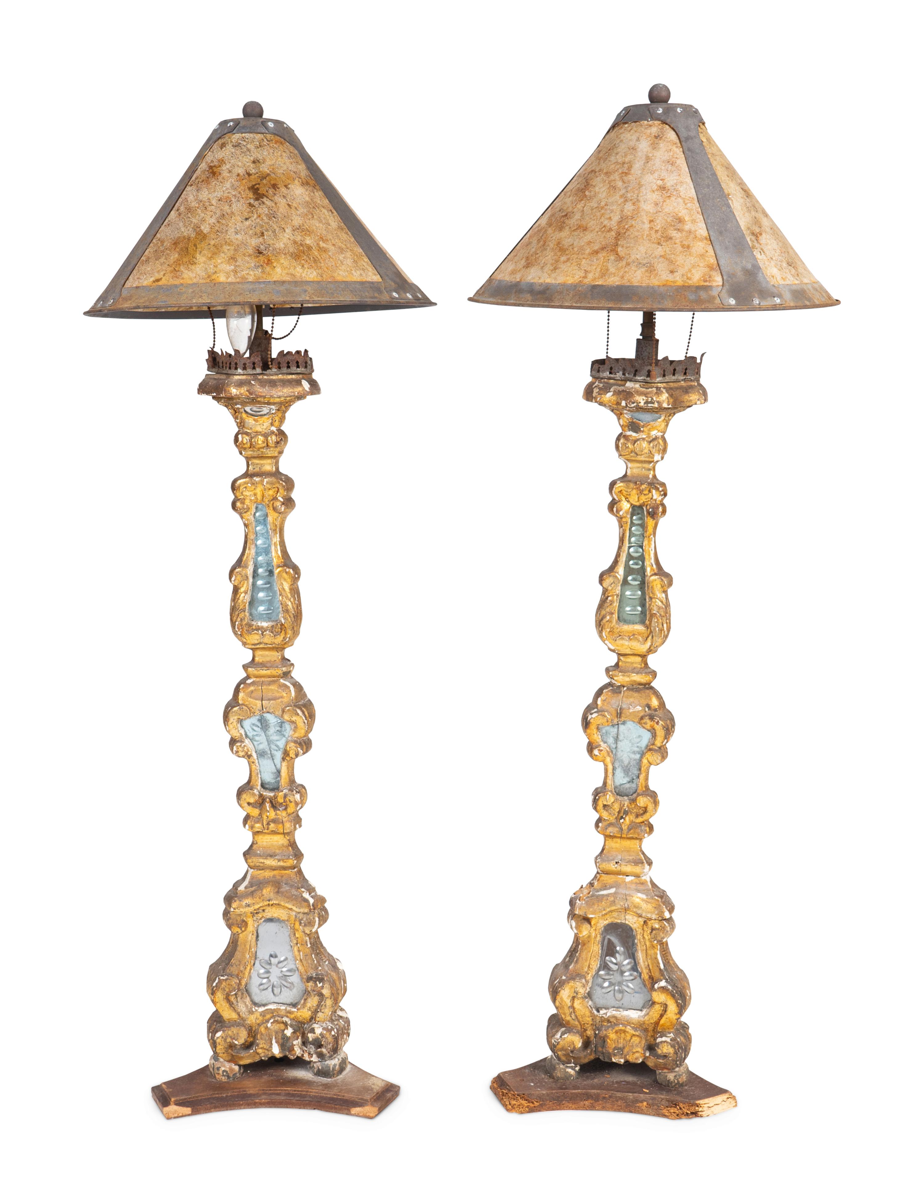 A Pair of Italian Renaissance Giltwood Pricket Sticks Mounted as Lamps