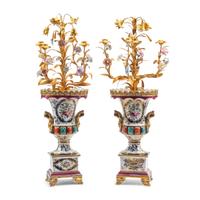 A Pair of Porcelain and Gilt Metal Four-Light Candelabra
