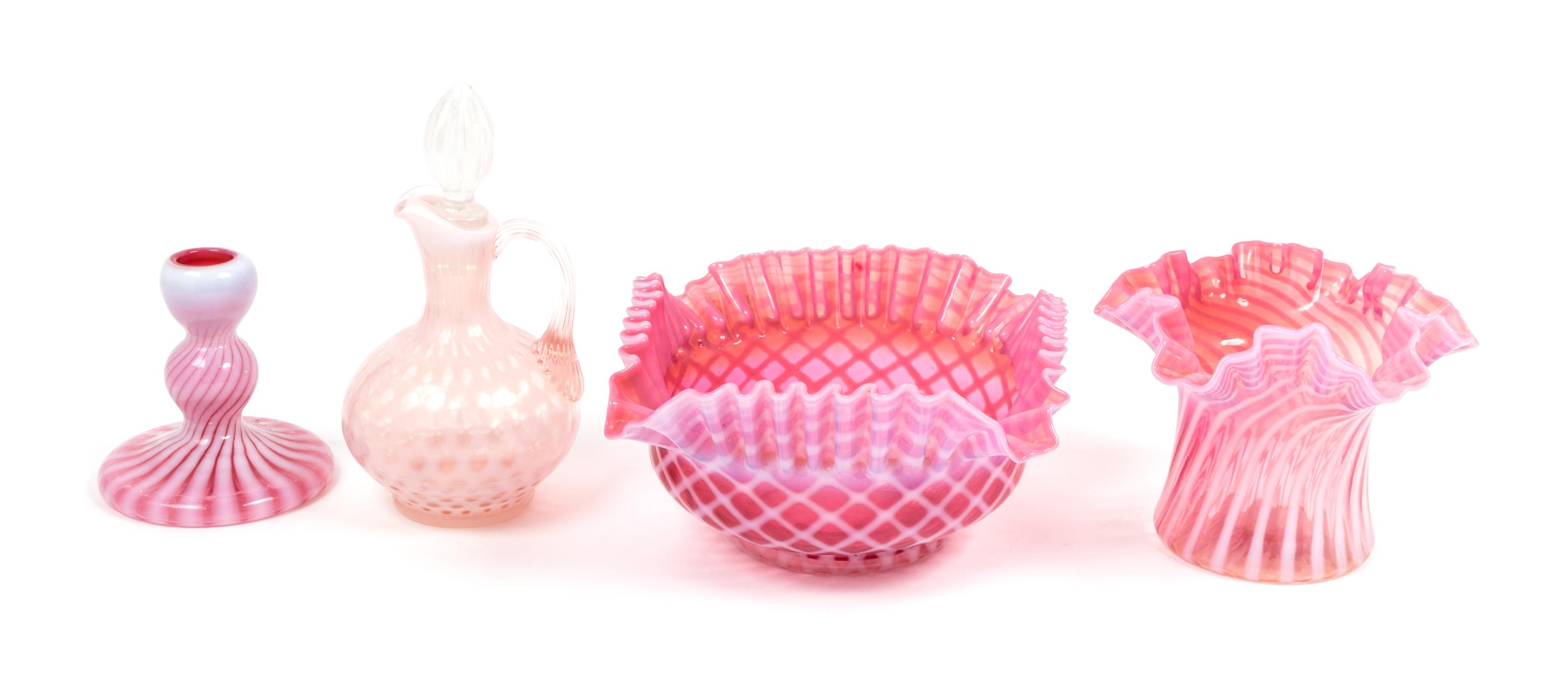 Four Cranberry and Opaline Glass Articles Height of first 7 1/4 inches