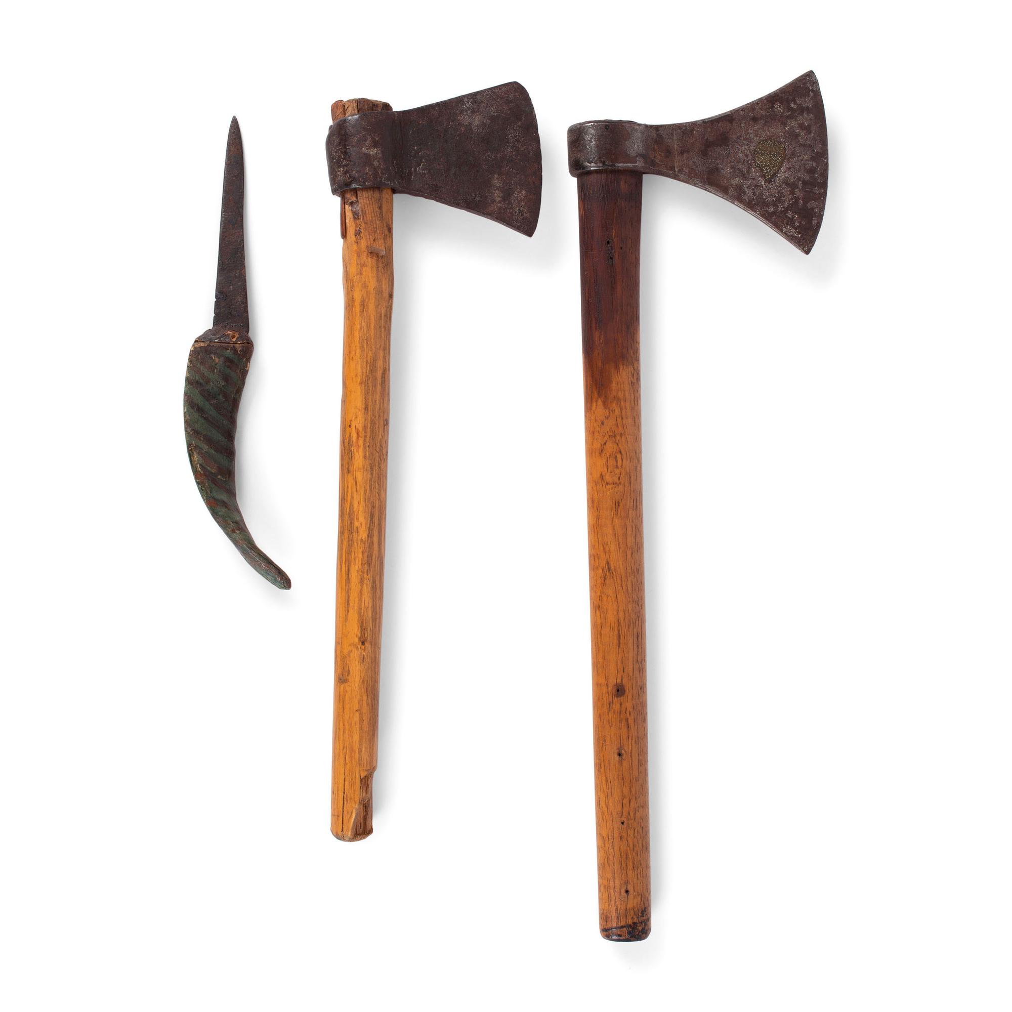 Pair of Belt Axes, One with Inlay, AND Painted Horn Knife
