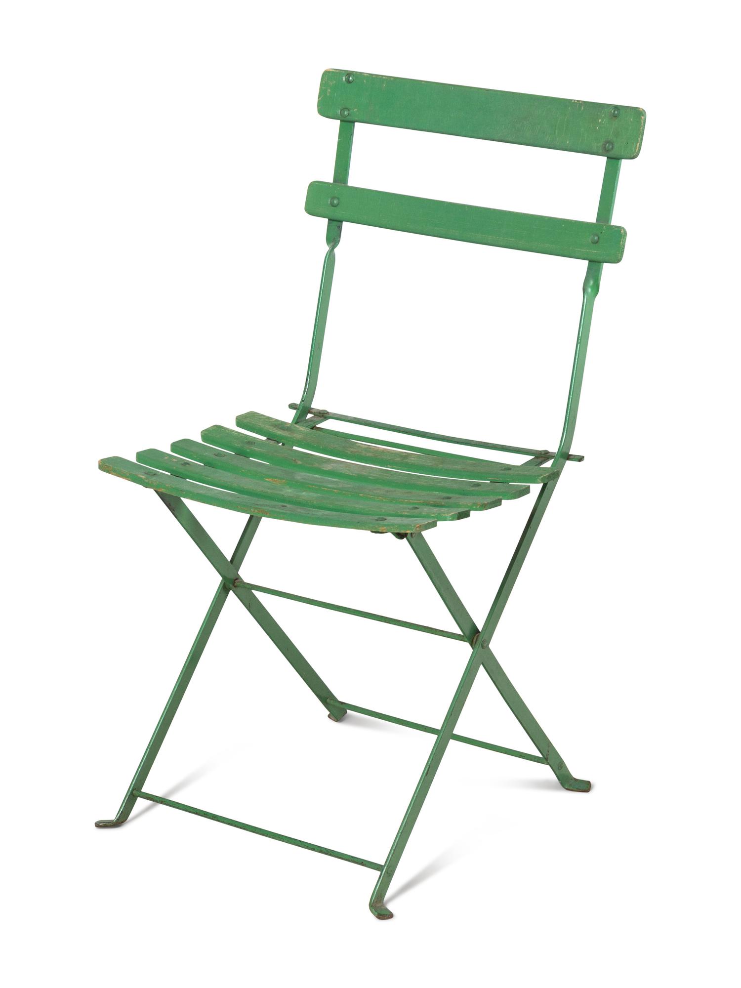 A Green Painted Metal and Wood Bistro Table and Two Chairs