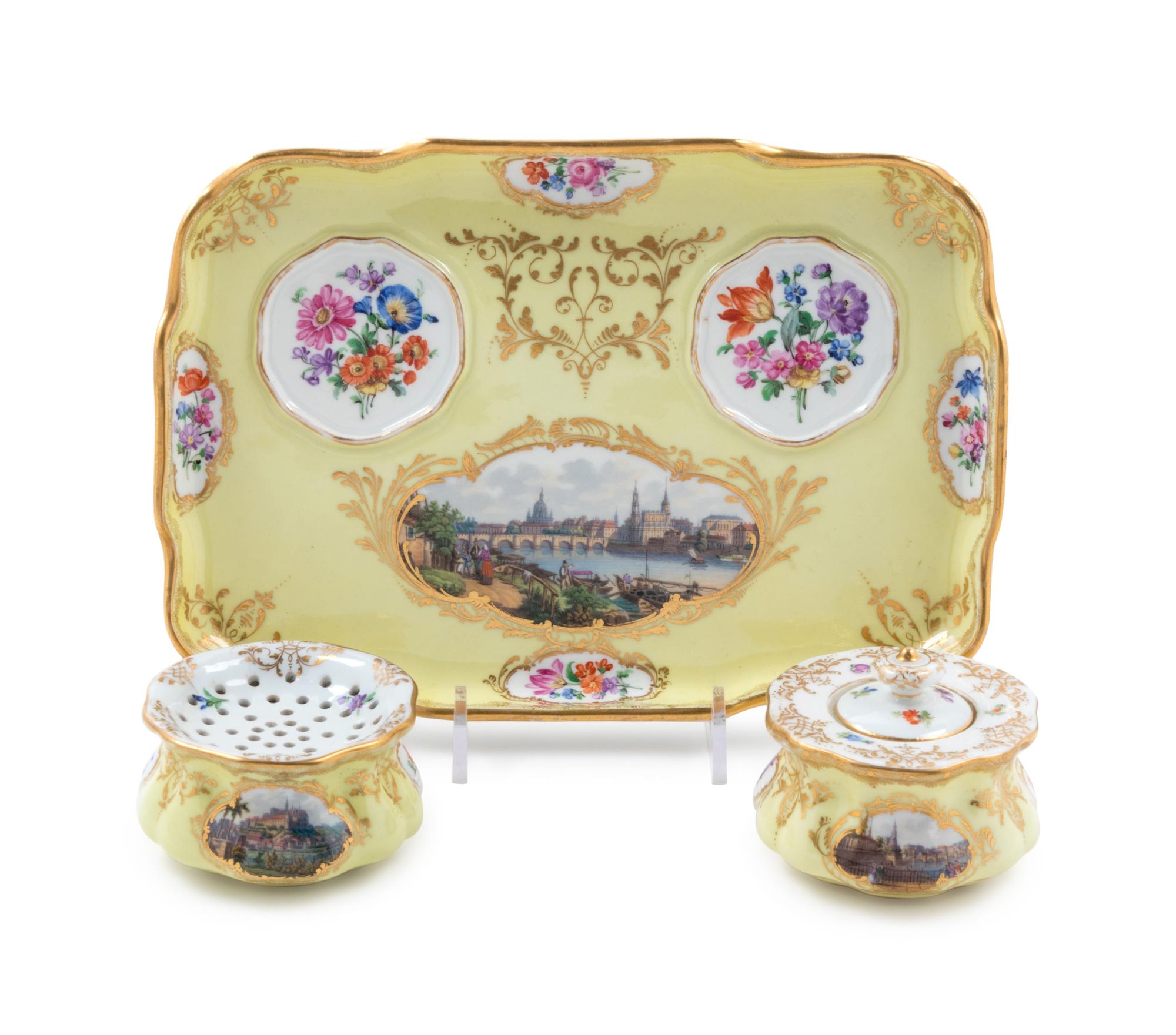 A Meissen Painted and Parcel Gilt Yellow-Ground Porcelain Ink Stand