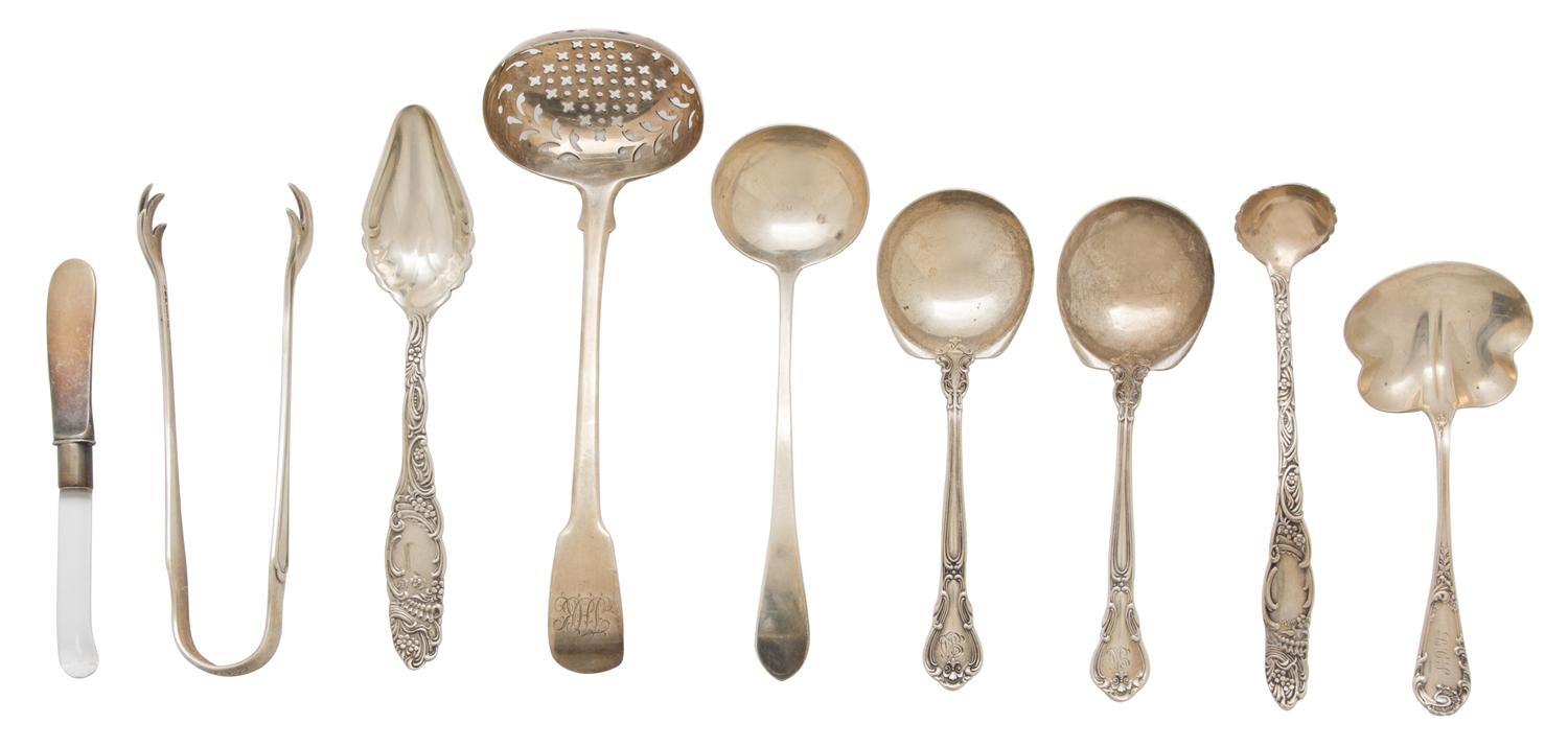 Nine Miscellaneous American Silver Diminutive Serving Pieces, Various Makers, comprising seven spoons, a glass handled knife and tongs