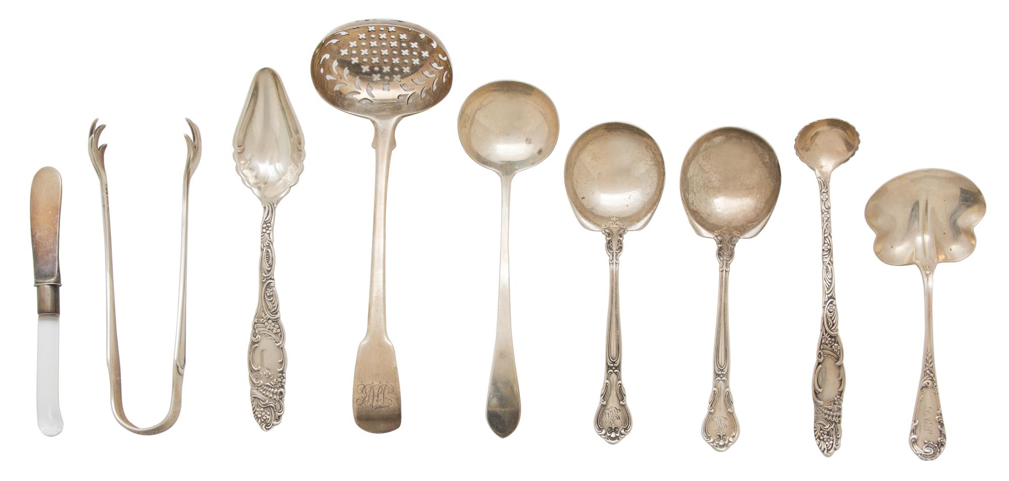 Nine Miscellaneous American Silver Diminutive Serving Pieces, Various Makers, comprising seven spoons, a glass handled knife and tongs