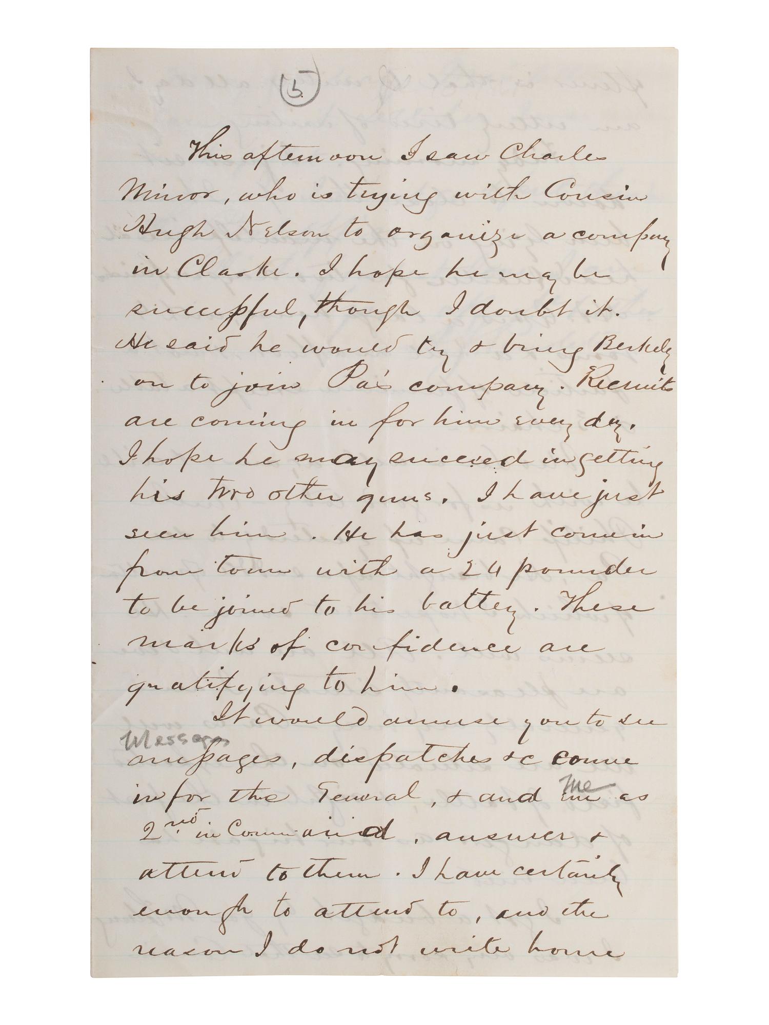 PENDLETON, Alexander Swift "Sandie" (1840-1864). Autograph letter signed ("A.S. Pendleton"). Winchester, [VA], 10 July 1861.