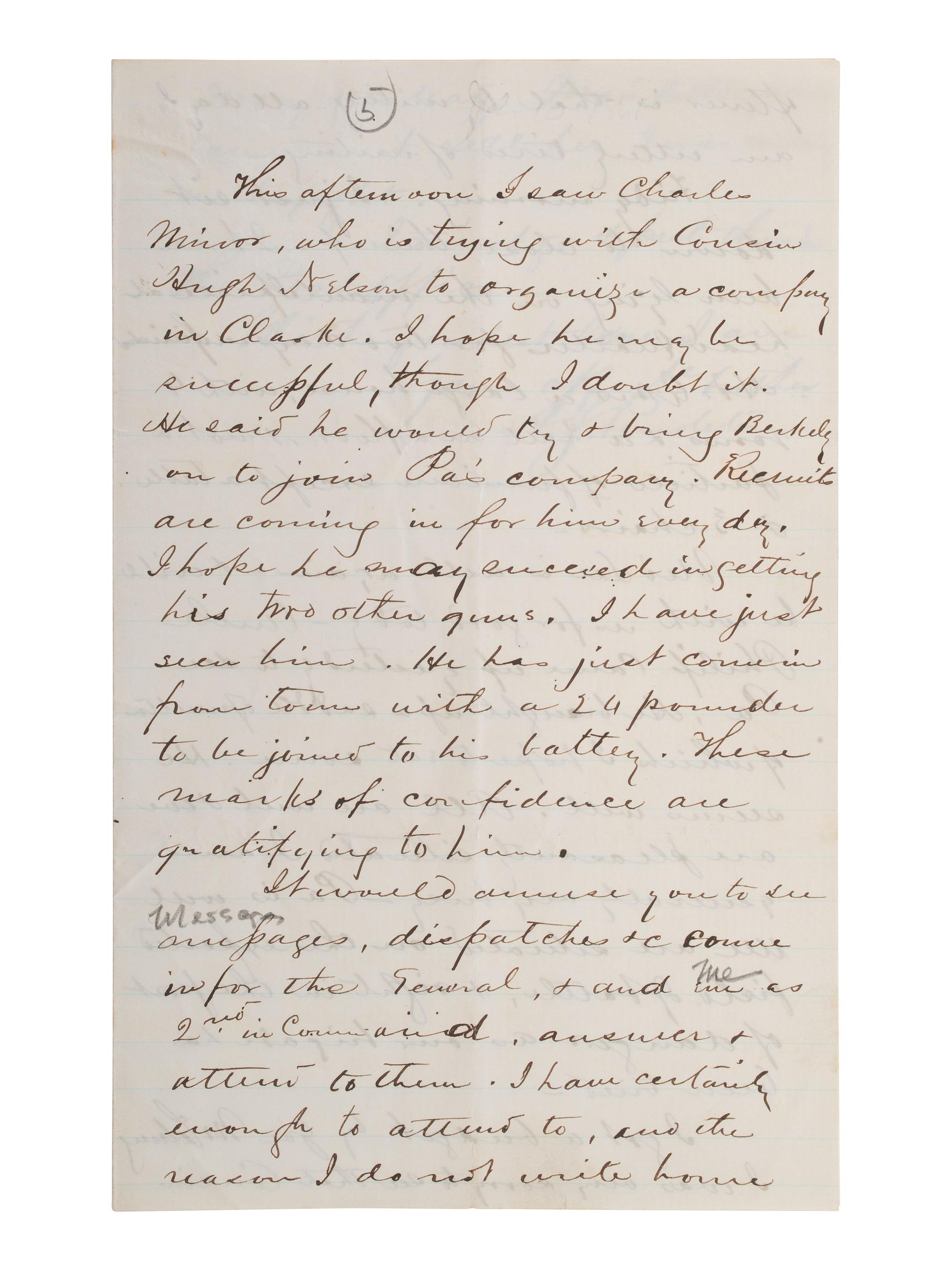 PENDLETON, Alexander Swift "Sandie" (1840-1864). Autograph letter signed ("A.S. Pendleton"). Winchester, [VA], 10 July 1861.
