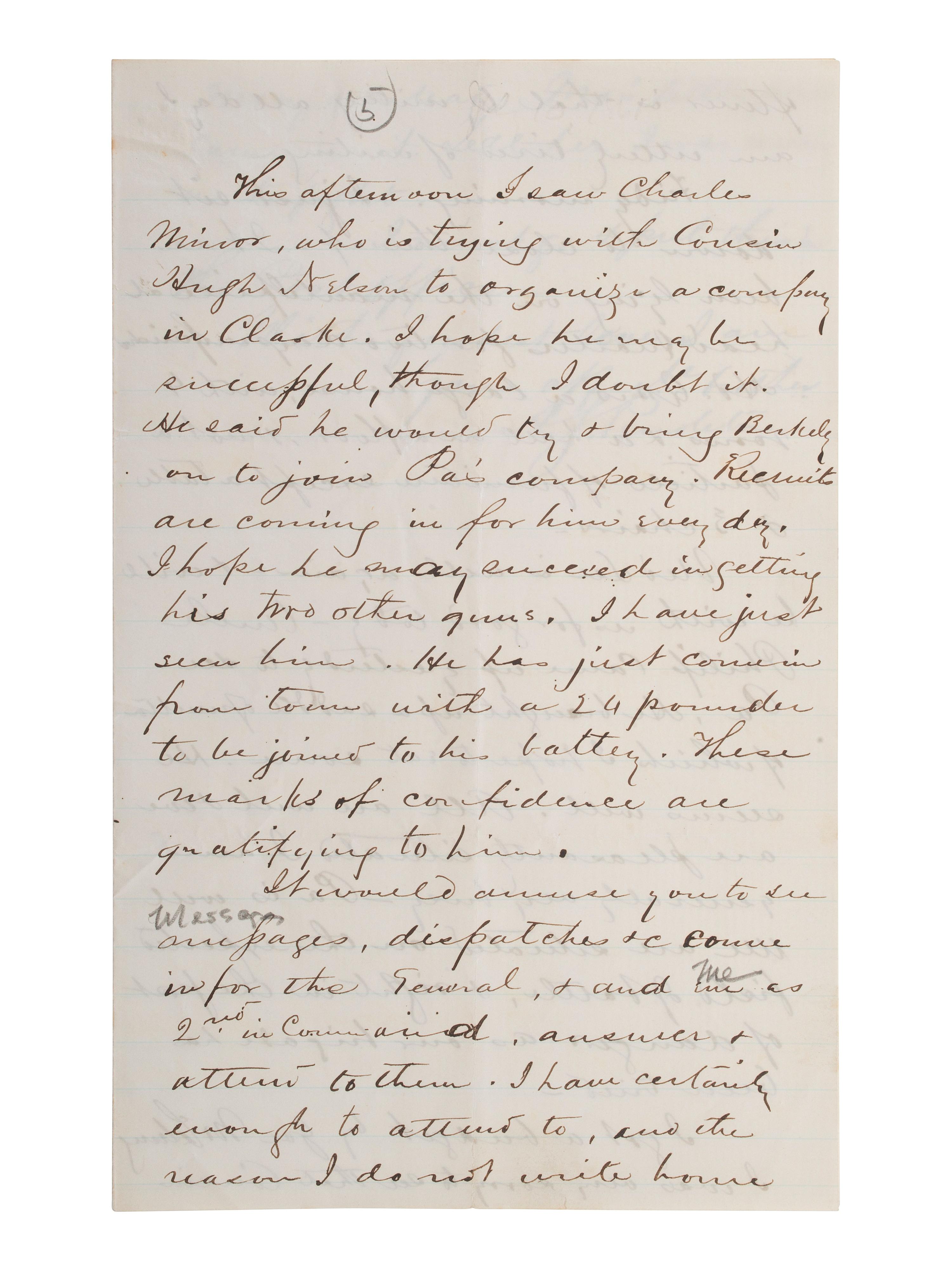 PENDLETON, Alexander Swift "Sandie" (1840-1864). Autograph letter signed ("A.S. Pendleton"). Winchester, [VA], 10 July 1861.