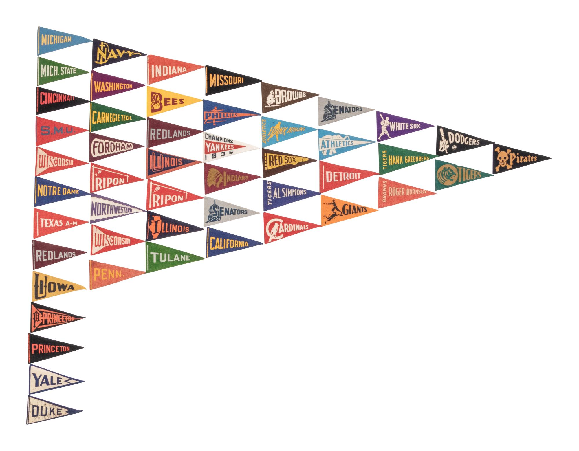 A Collection of 45 BF3 1936 Mini Baseball and College Pennants,