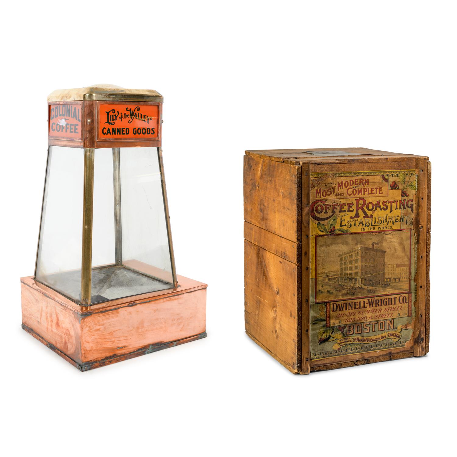 A Dwinell-Wright Co. Coffee Advertising Box, along with a Copper and Brass Colonial Coffee and Lily of the Valley Canned Goods Counter Top Vitrine Display Case